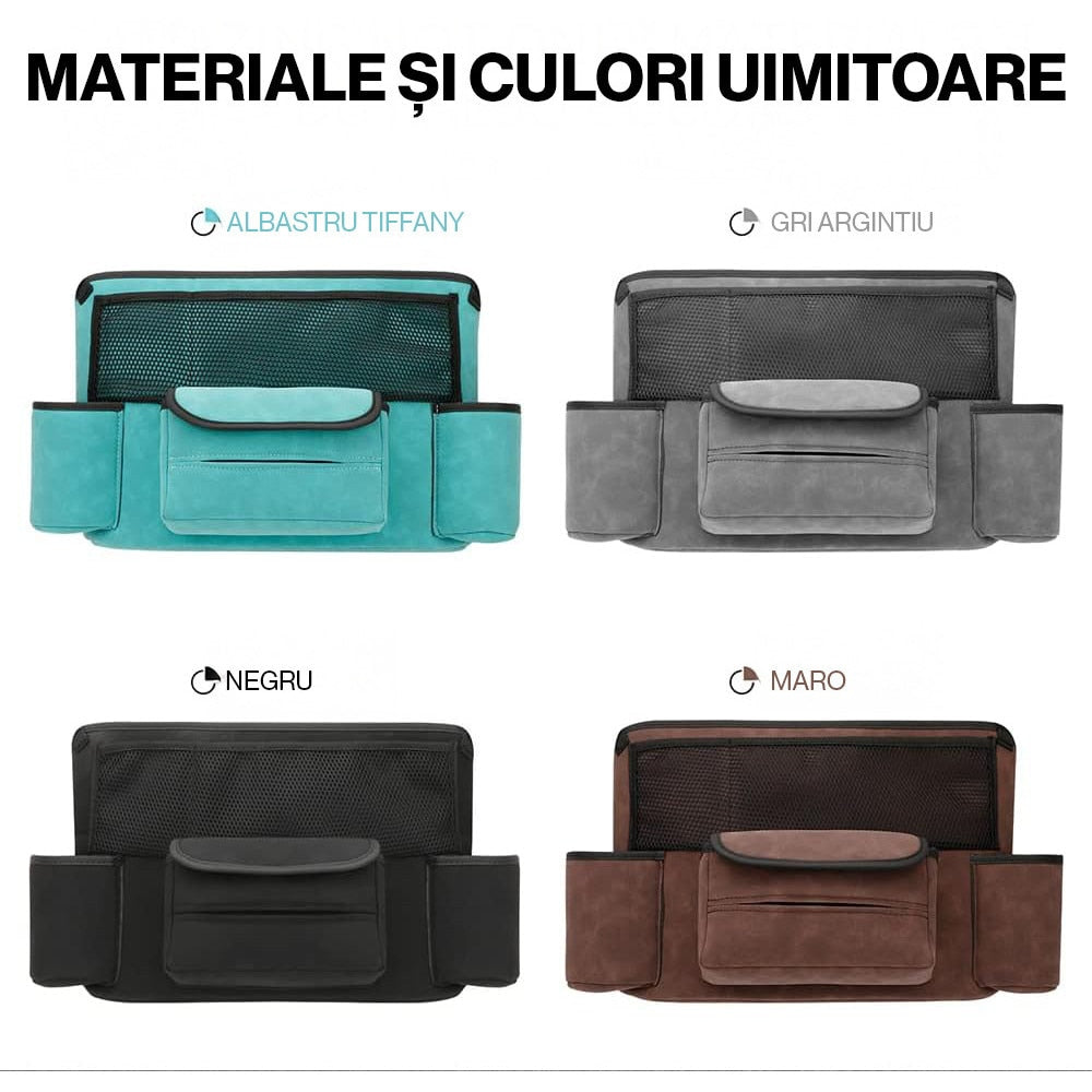 Organizator intre scaune auto NextWave®️, suport pretios cu 5 compartimente, material suede & piele ecologica, capacitate – imaginea 4