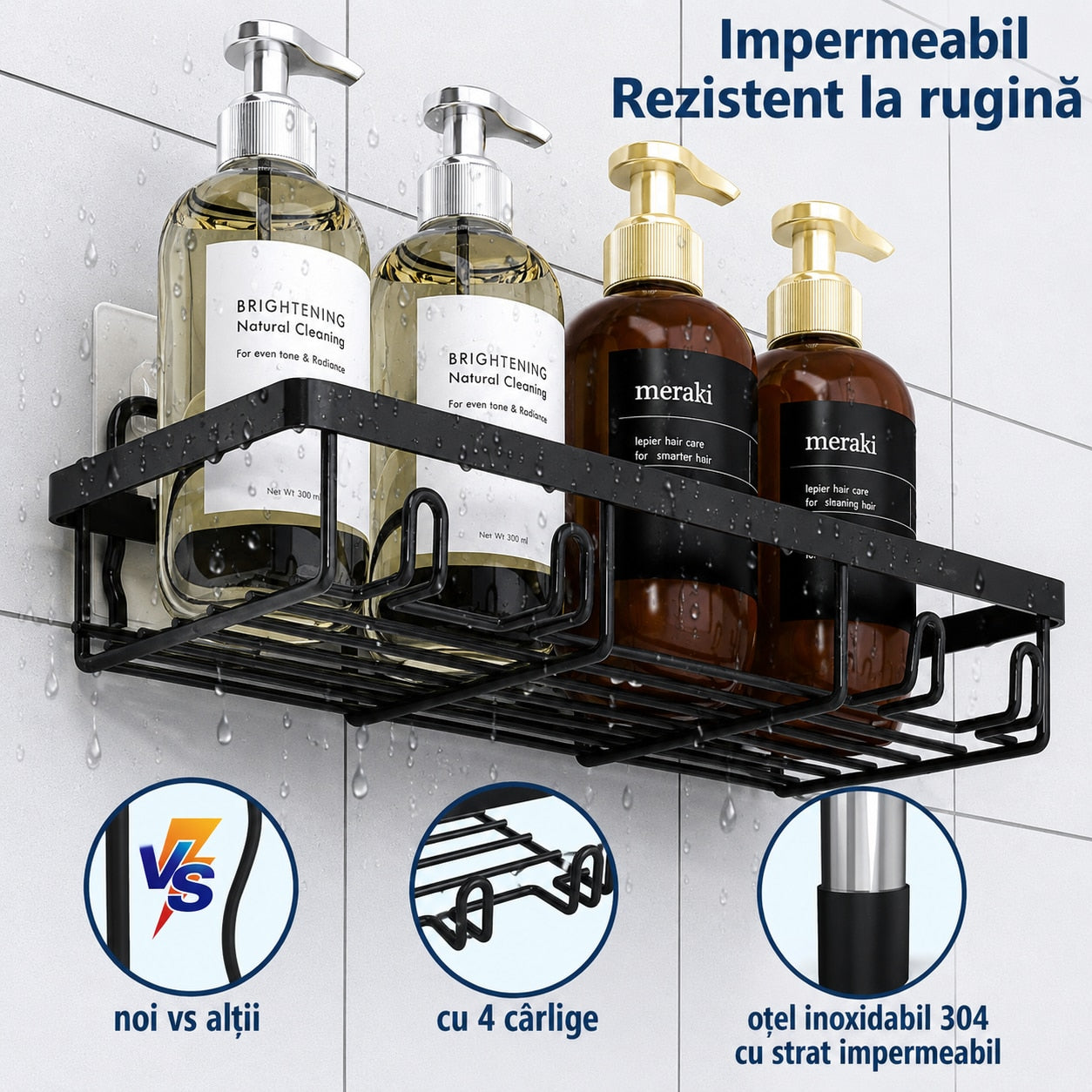 Raft de baie NextWave® la set, 5 piese cu 3 etajere pentru dus, 1 suport pentru sapun si 1 suport pentru periute de dinti – imaginea 4