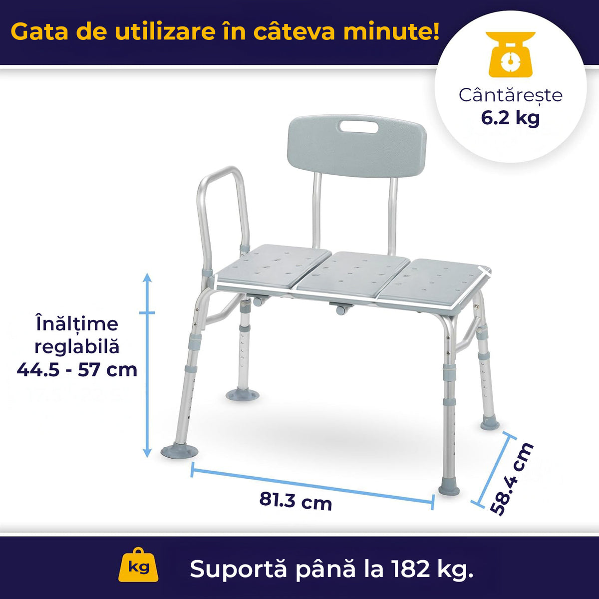 Scaun de transfer pentru cada si dus NextWave® cu 3 piese, spatar si brate laterale, ajustabil pe inaltime, stabil si sigur – imaginea 4