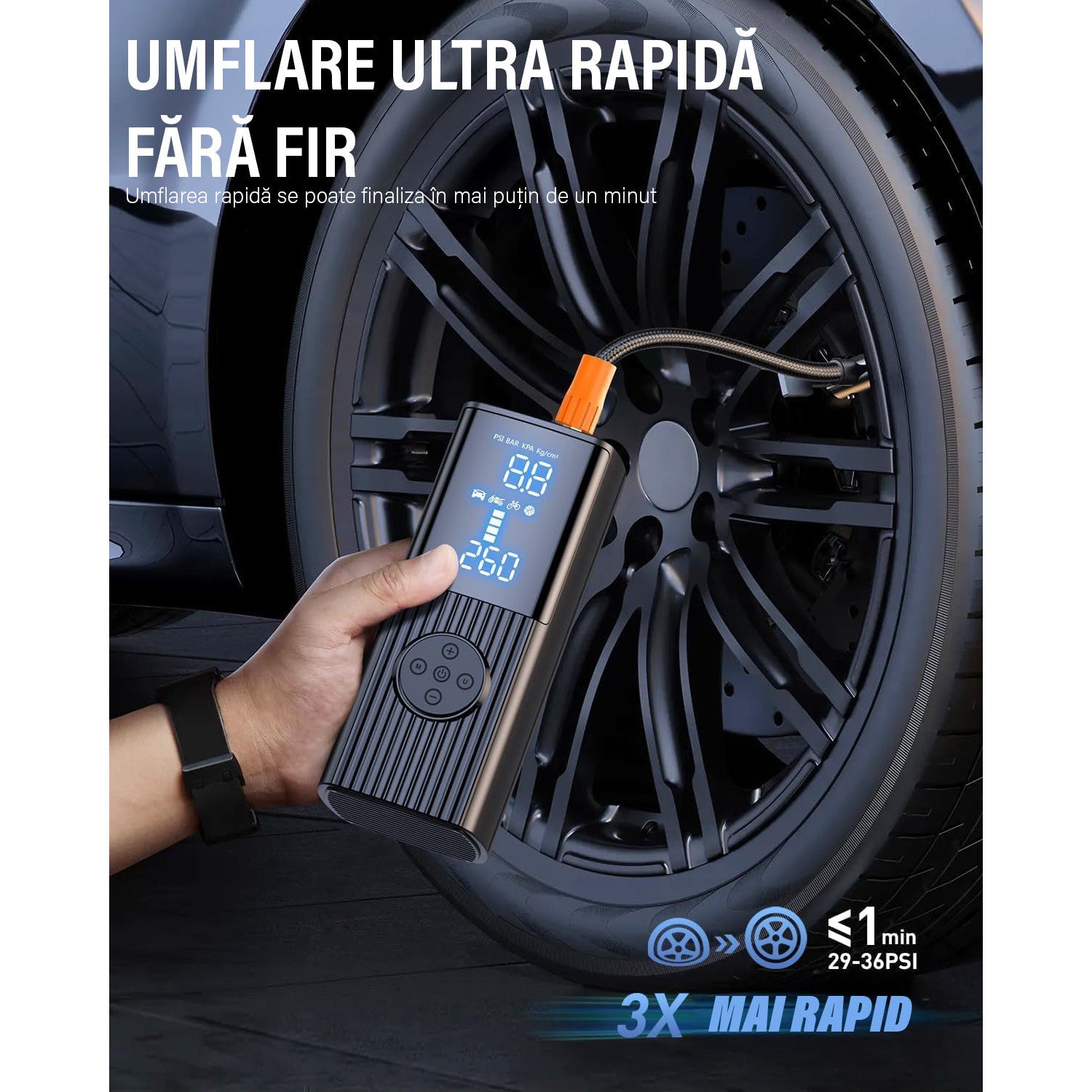 Compresor auto portabil digital NextWave®, baterie 7800 mAh reincarcabila, presiune 150 PSI, 4 moduri inteligente de – imaginea 4