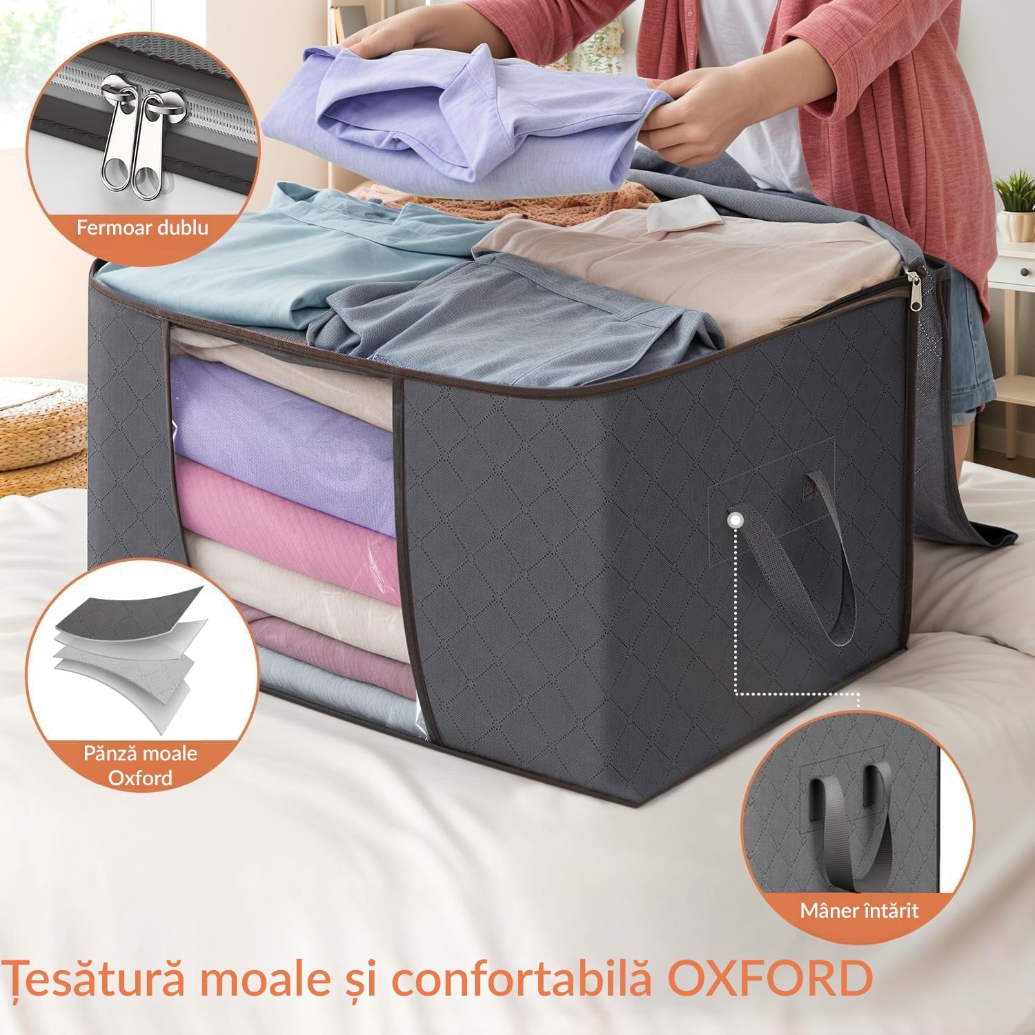 Set 6 huse depozitare cu fermoar NextWave®️, Organizator pentru haine, Cu fereastra transparenta, Rezistent la praf si – imaginea 4