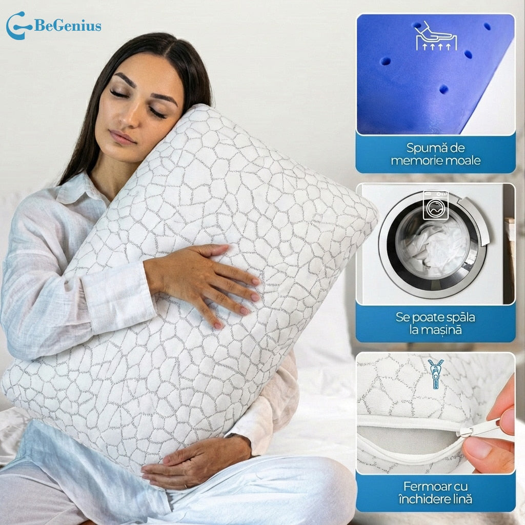 Perna ortopedica pentru dormit din spuma cu memorie cu gel BeGenius, Husa detasabila, Ergonomica ventilata pentru Gat si – imaginea 4