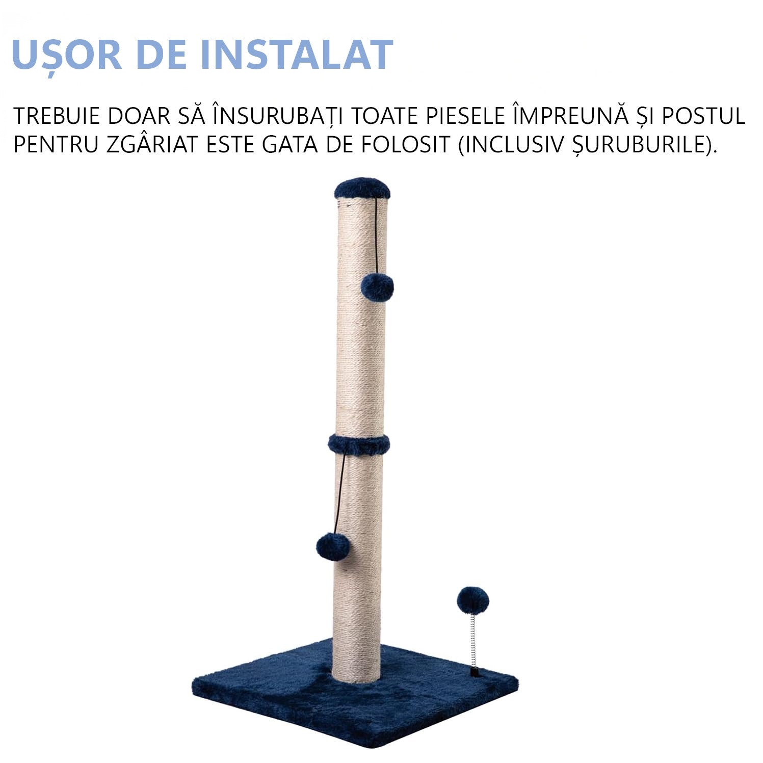 Ansamblu de joaca pentru pisici adulte sau pui, stalp pentru ascutit ghearelor, 2 bile suspendate, confectionat din sisan – imaginea 4