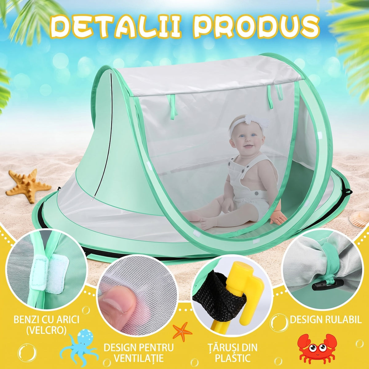 Cort de plaja pentru bebelusi NextWave®️, protectie solara UPF 50+, deschidere pop-up automata, plasa respirabila pentru – imaginea 4