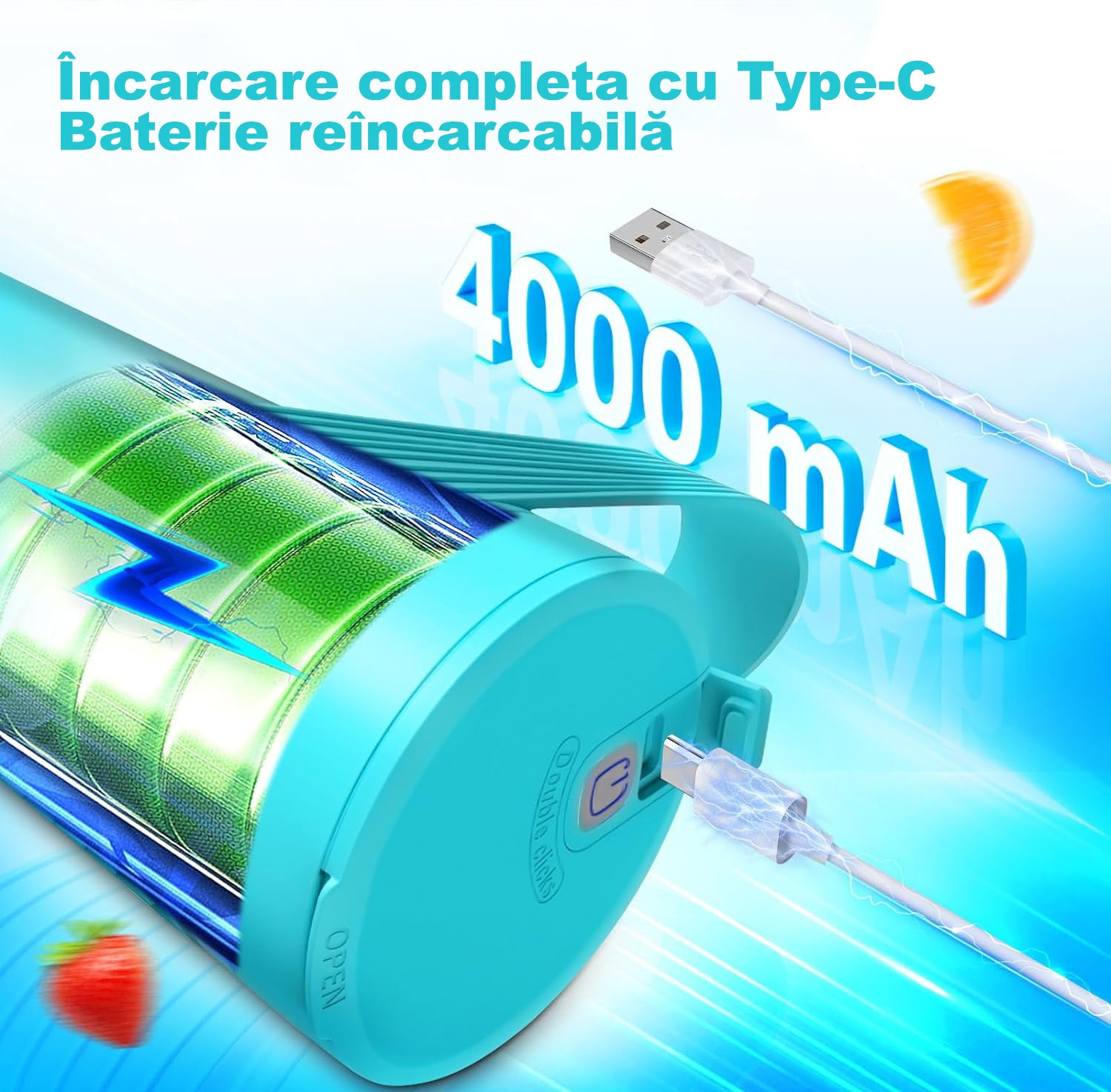 Mini Blender Electric NextWave™, Portabil, Multifunctional, Auto-curatare, Autonomie Mare 40 utilizari, Baterie – imaginea 4