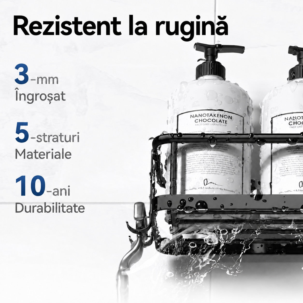 Raft de baie NextWave® la set, 6 piese cu 3 etajere mari, 1 raft compact, suport pentru sapun si sistem cu carlige, montare – imaginea 4