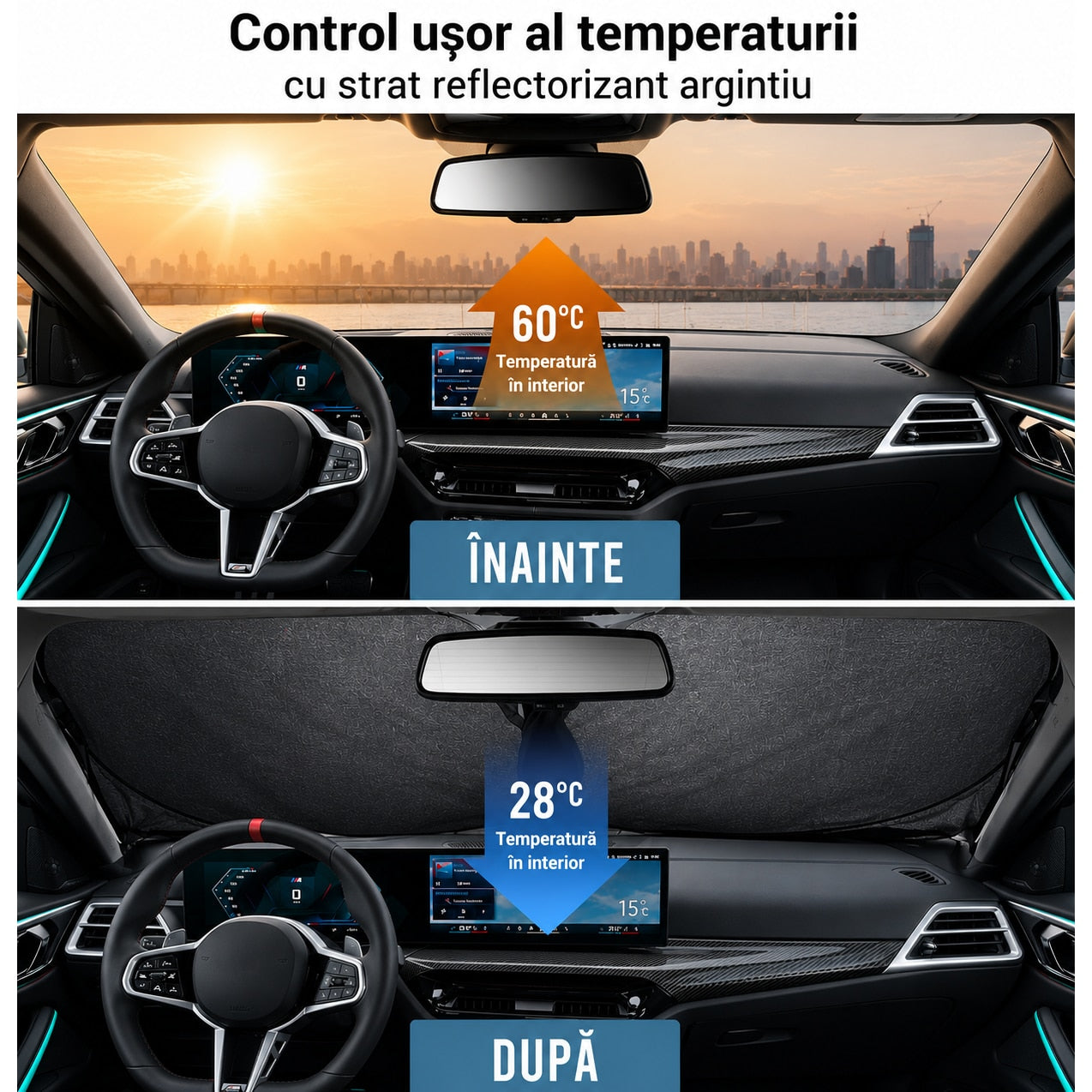 Parasolar auto NextWave® pentru parbriz, material reflectorizant 280T, protectie UV pana la 99%, design pliabil cu cadru – imaginea 4