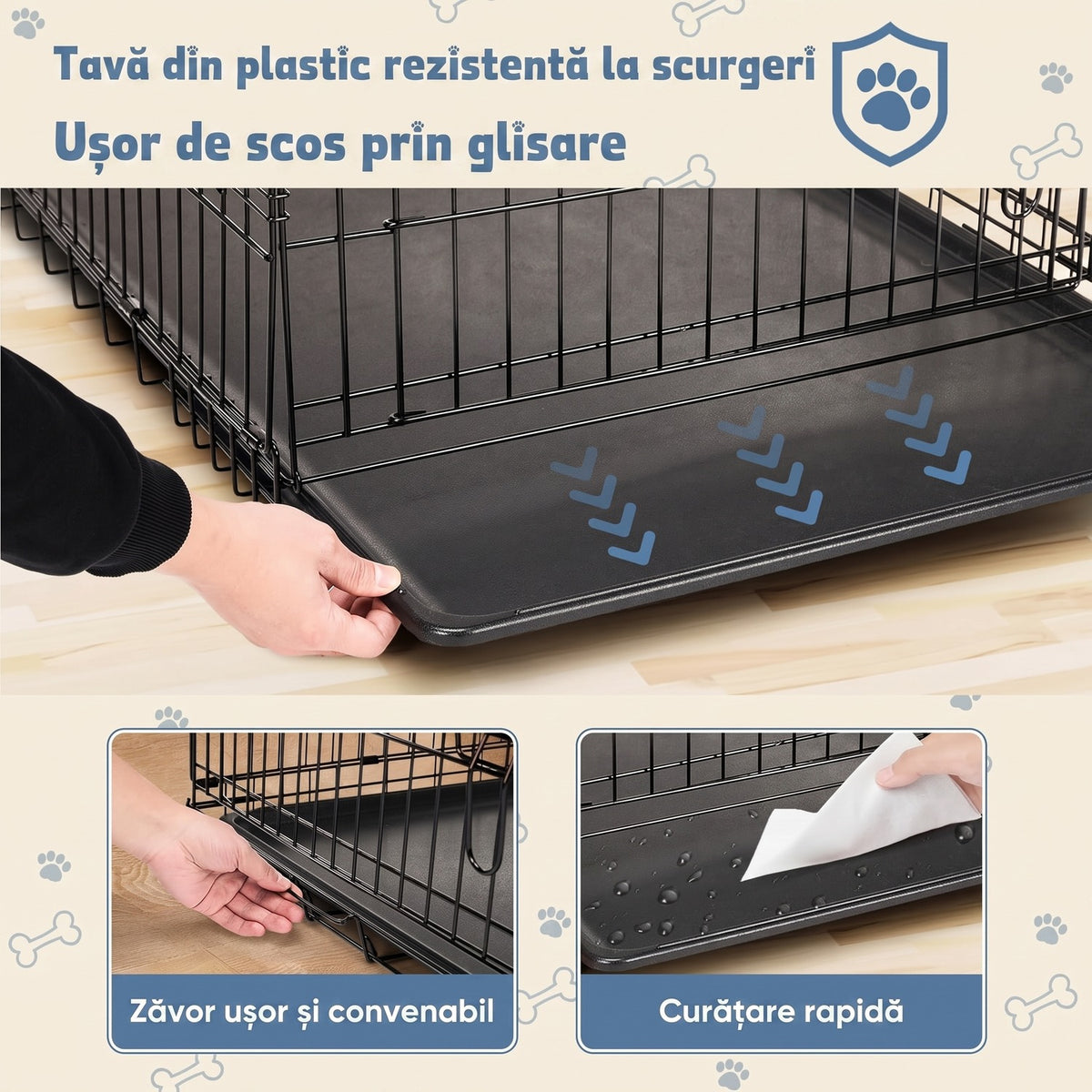 Cușcă pliabilă pentru câini NextWave®️, sigură pentru dresaj și transport, 2 usi, tavă detașabilă ușor de curățat, metal – imaginea 4