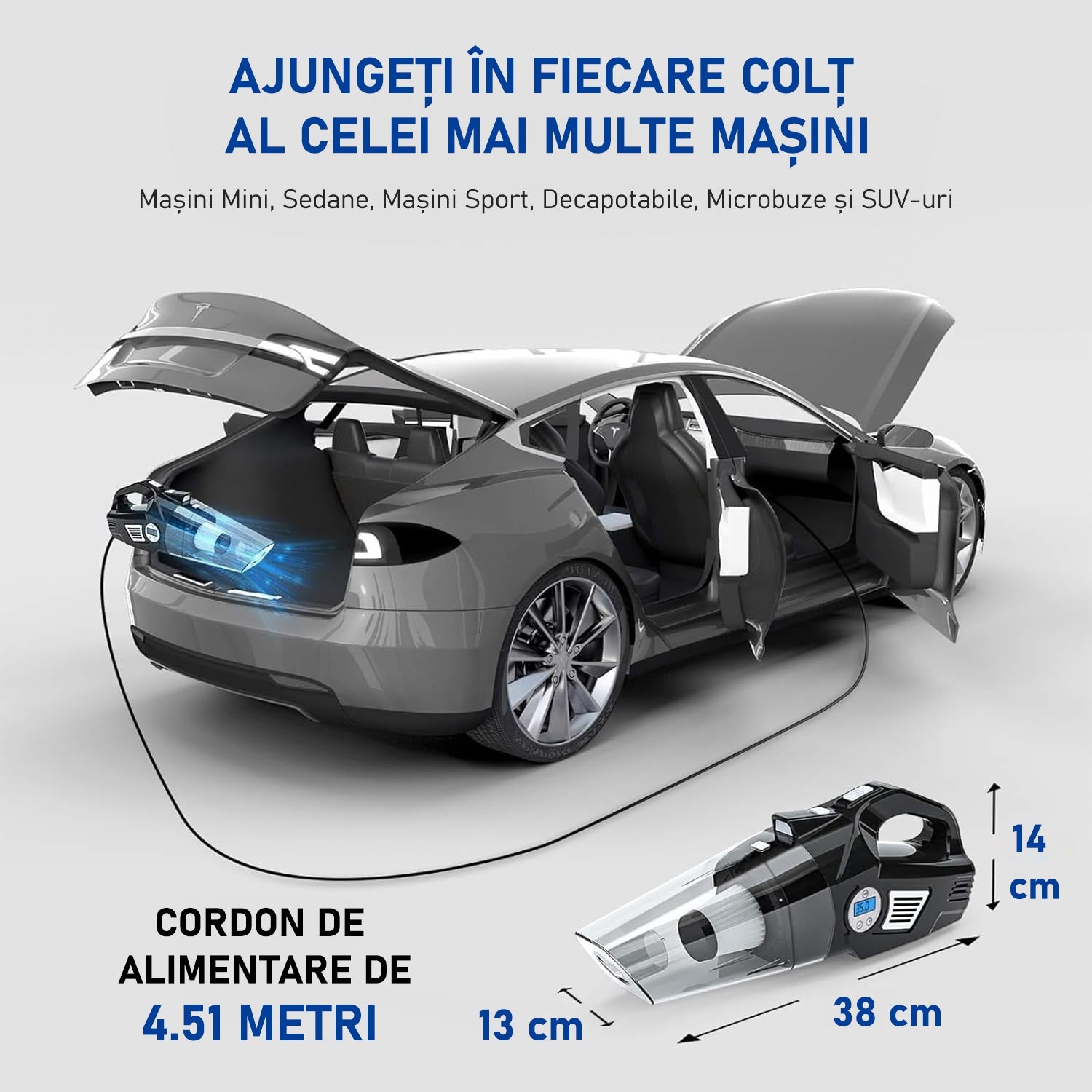 Aspirator Auto si Compresor Portabil Multifunctional cu Acumulator, Functie de Aspirare Umeda si Uscata, Umflare Roti cu – imaginea 4