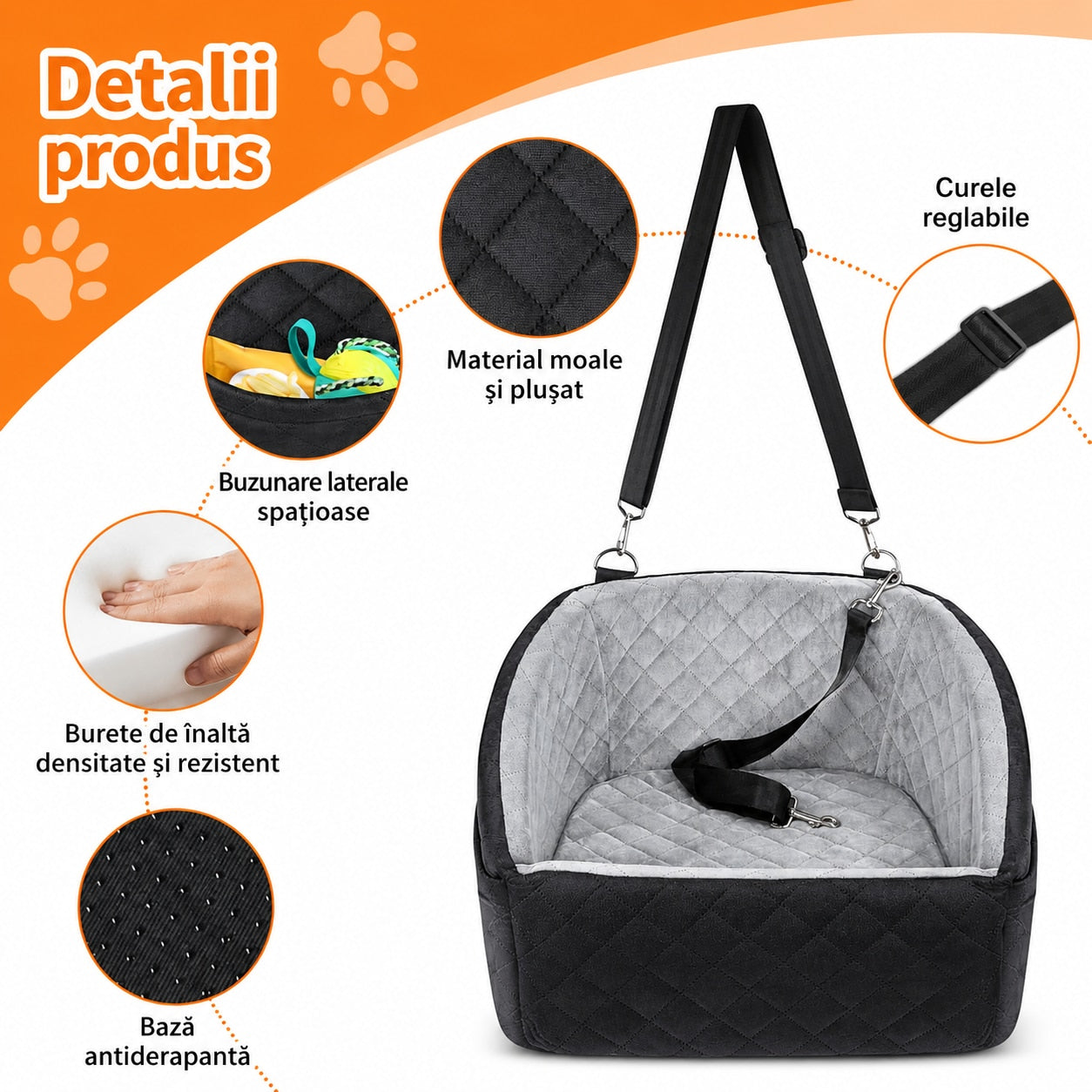 Scaun auto NextWave® pentru caini, detasabil si lavabil, pentru animale de pana la 13,6 kg, cu lesa de siguranta, curele – imaginea 4