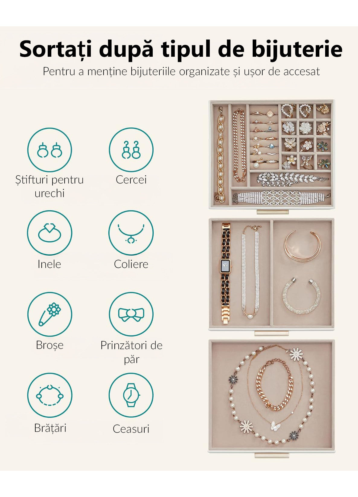 Cutie de bijuterii pe 3 niveluri cu 2 sertare, NextWave®, piele ecologica cu interior catifelat, spatii dedicate pentru – imaginea 4