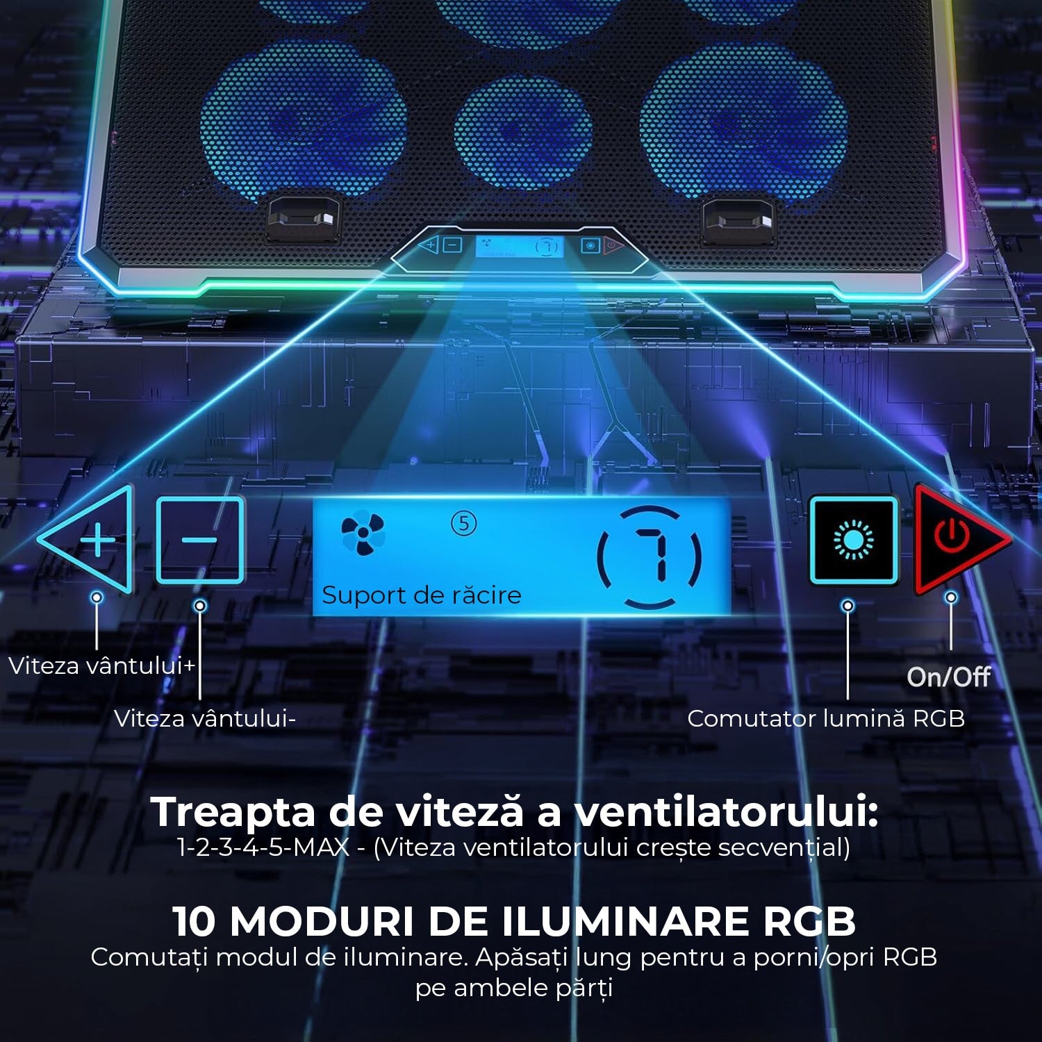 Stand De Racire pentru Laptop BeGenius® cu Suport pentru Telefon, 6 Ventilatoare ultra Silentioase, Cooler Laptop Gaming – imaginea 4