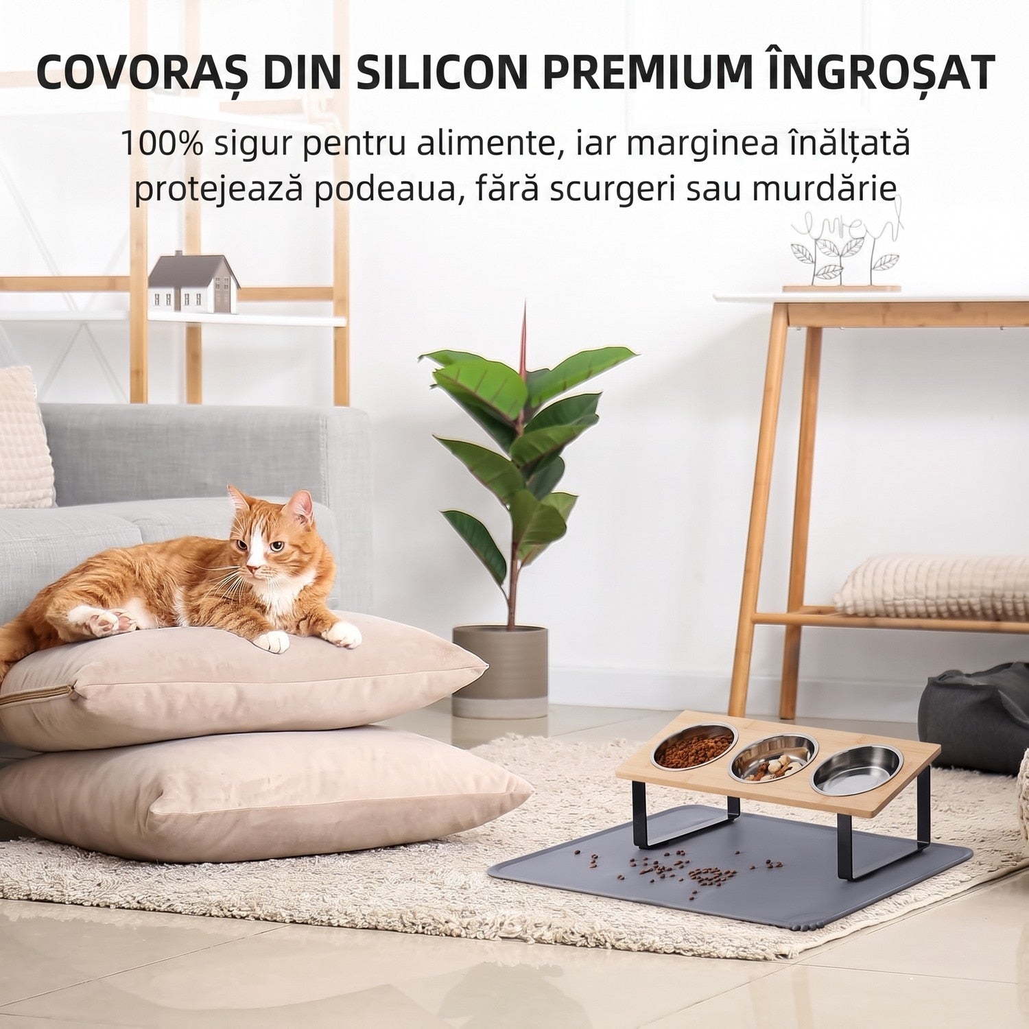 Set 3 boluri inaltate pentru pisici NextWave®️, suport inclinat la 15° anti-voma, 3 recipiente detasabile si covoras – imaginea 4