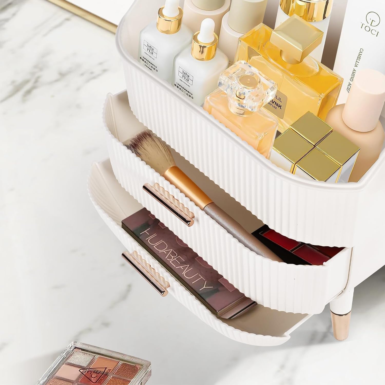 Organizator pentru cosmetice si bijuterii NextWave®, spatiu depozitare cu 2 sertare si vitrina, multifunctionala, alb – imaginea 4