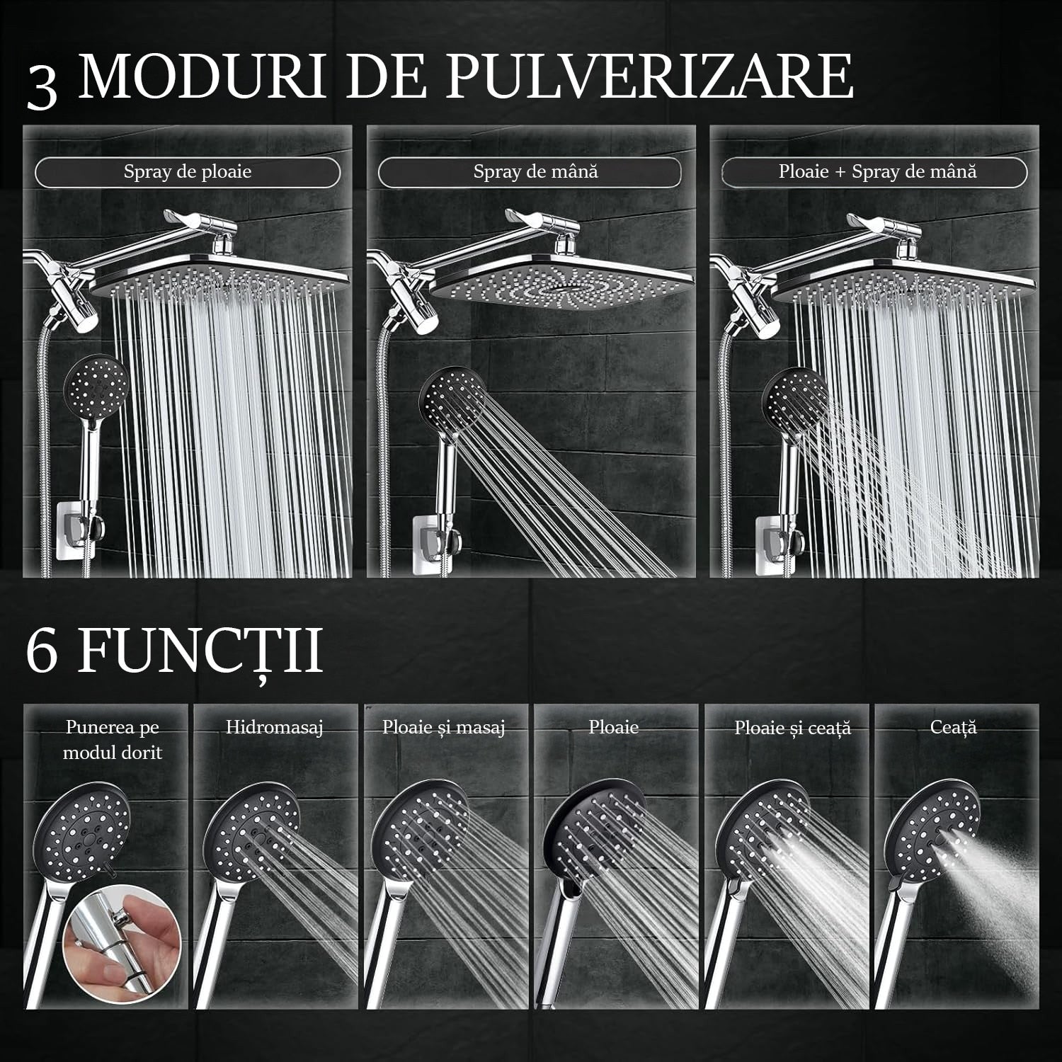Set Cap De Dus Tip Ploaie NextWave®️, multiple moduri de curgere a apei, Para dus mobila, Duza de silicon, Presiune inalta – imaginea 4