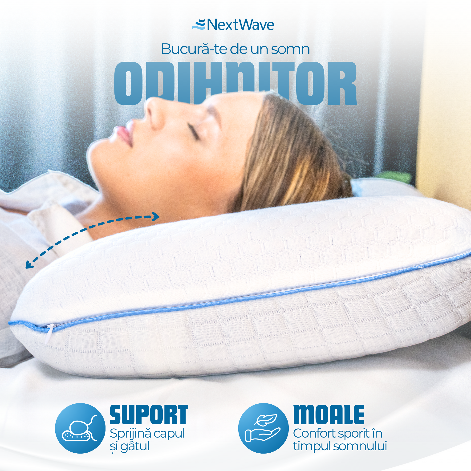 Perna ortopedica pentru dormit NextWave, Spuma cu Memorie cu gel ventilata, Husa detasabila cu 2 zone termice, ergonomica – imaginea 4