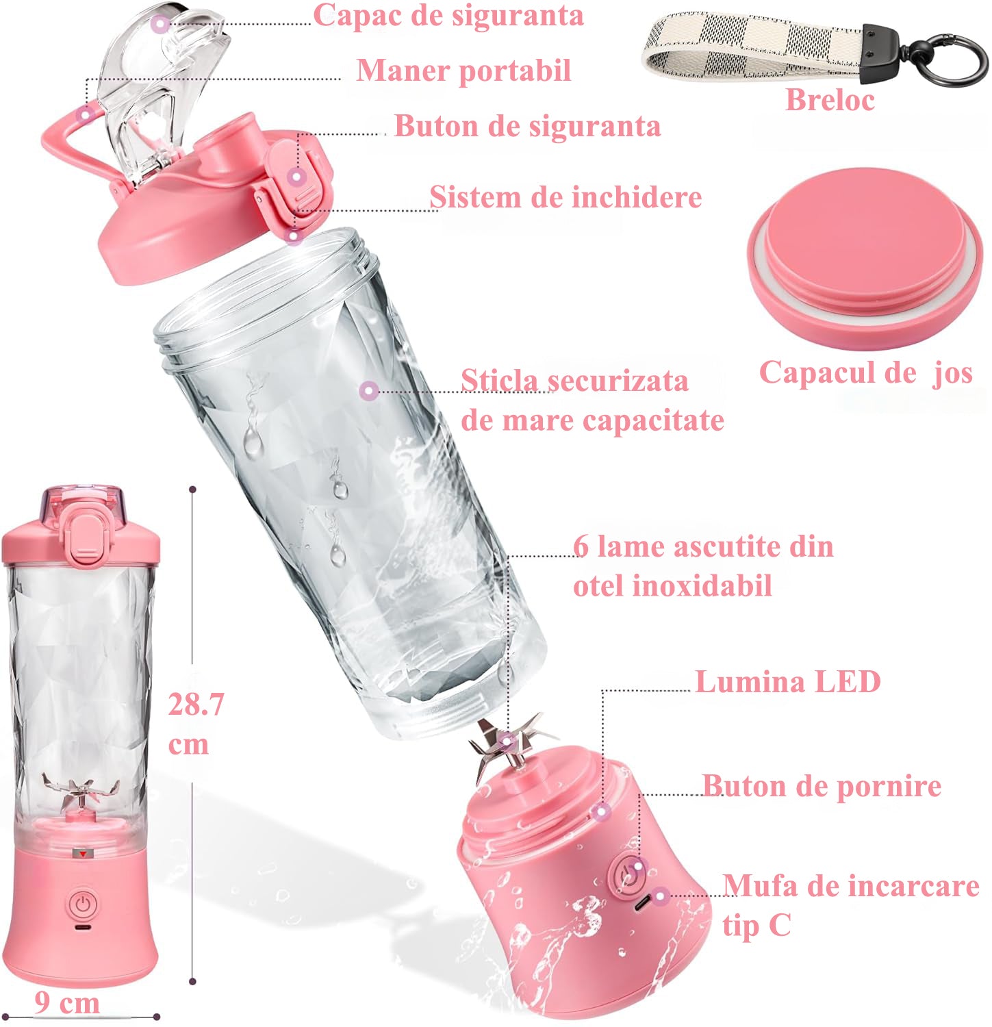 Mini Blender Electric Portabil NextWave™, Multifunctional, Auto-curatare, Autonomie Mare, Recipient detasabil cu capac – imaginea 4