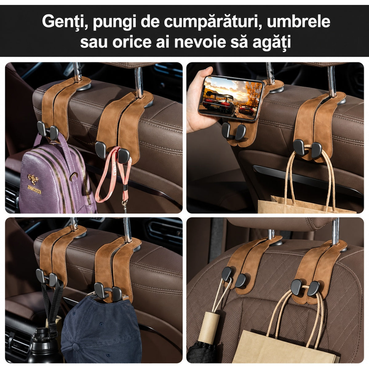 Set 2 carlige auto duble pentru tetiera NextWave®, pentru genti, sacose, haine si accesorii, aliaj de aluminiu-magneziu cu – imaginea 4