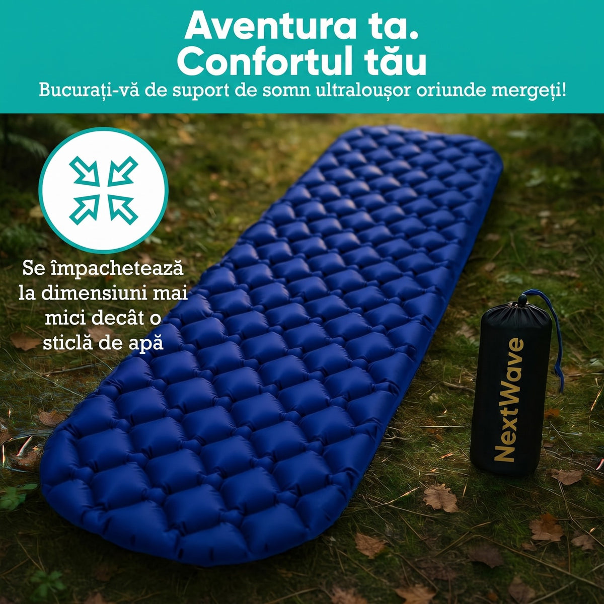 Saltea gonflabilă de camping NextWave®️, ultraușoară și compactă, impermeabilă, umflare rapidă, suport confortabil, din – imaginea 4