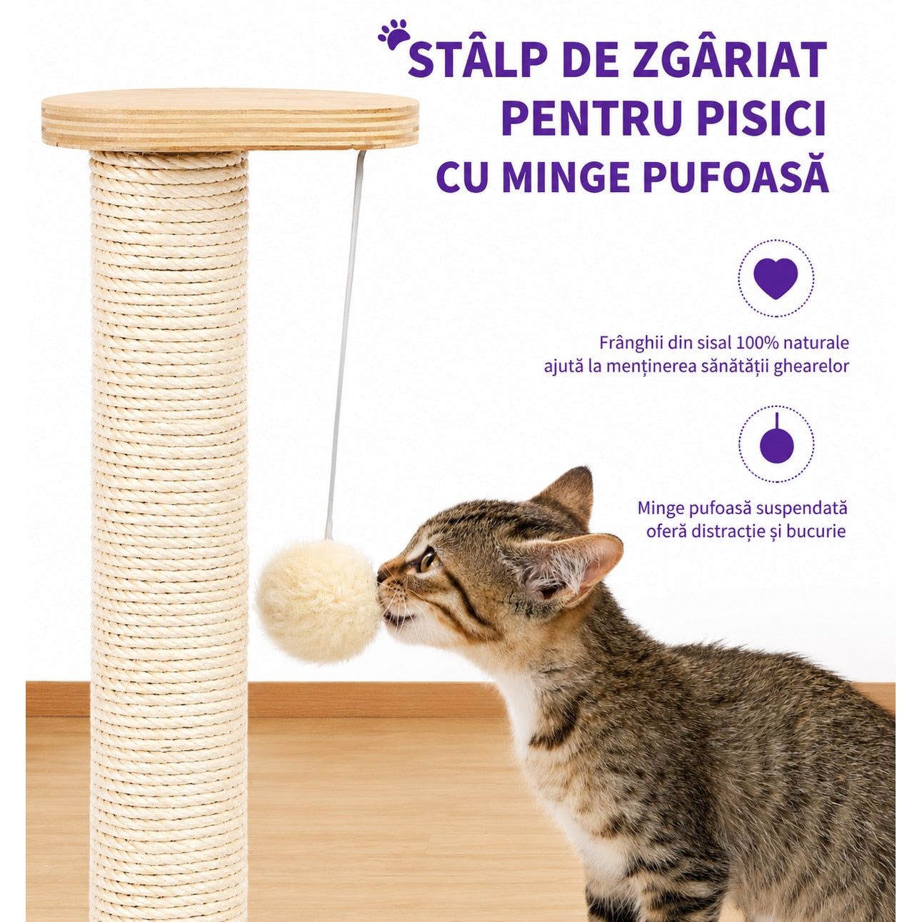 Stalp de zgariat pentru pisici NextWave®, cu sisal natural, baza interactiva stabila din placa pe baza de lemn, 4 mingi – imaginea 4