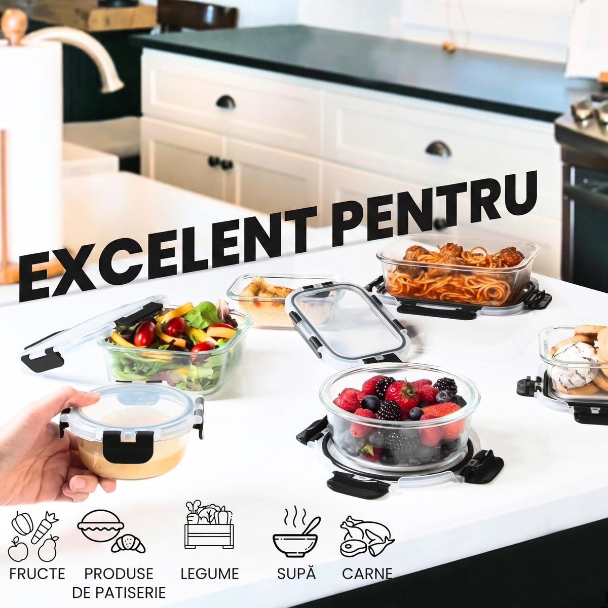 Set 15 Caserole Alimentare din sticla NextWave®️ Capace Etanse, Depozitare Frigider si Congelator, Potrivite pentru – imaginea 4