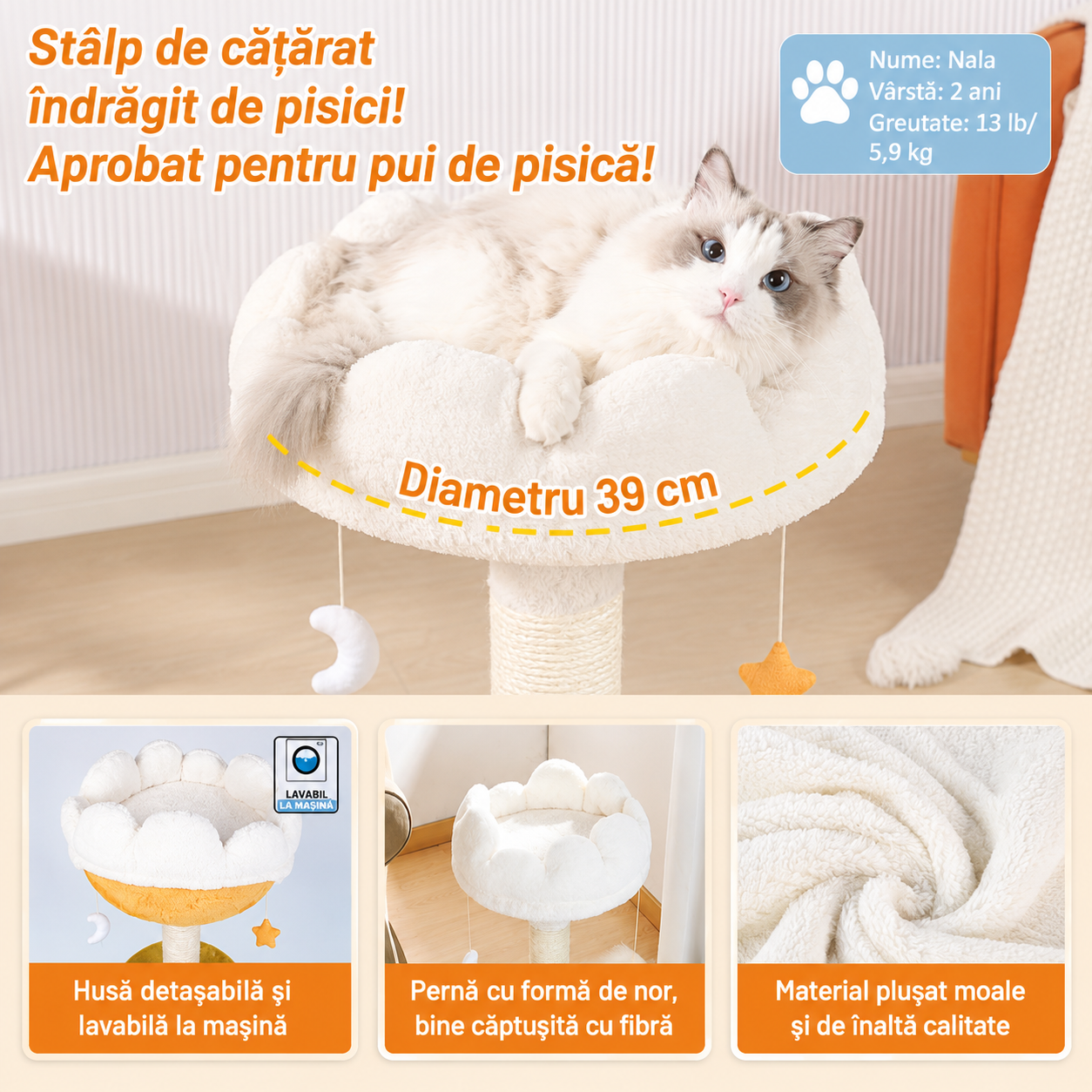 Ansamblu de joaca pentru pisici NextWave®, cu pat moale in forma de nor si husa detasabila lavabila, stalp gros de zgariat – imaginea 4