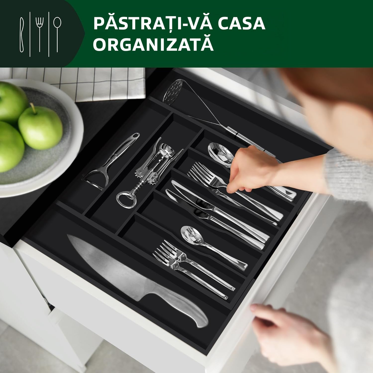 Organizator extensibil pentru tacamuri si ustensile NextWave – bambus natural lacuit, finisaj negru elegant, 9 compartimente – imaginea 4