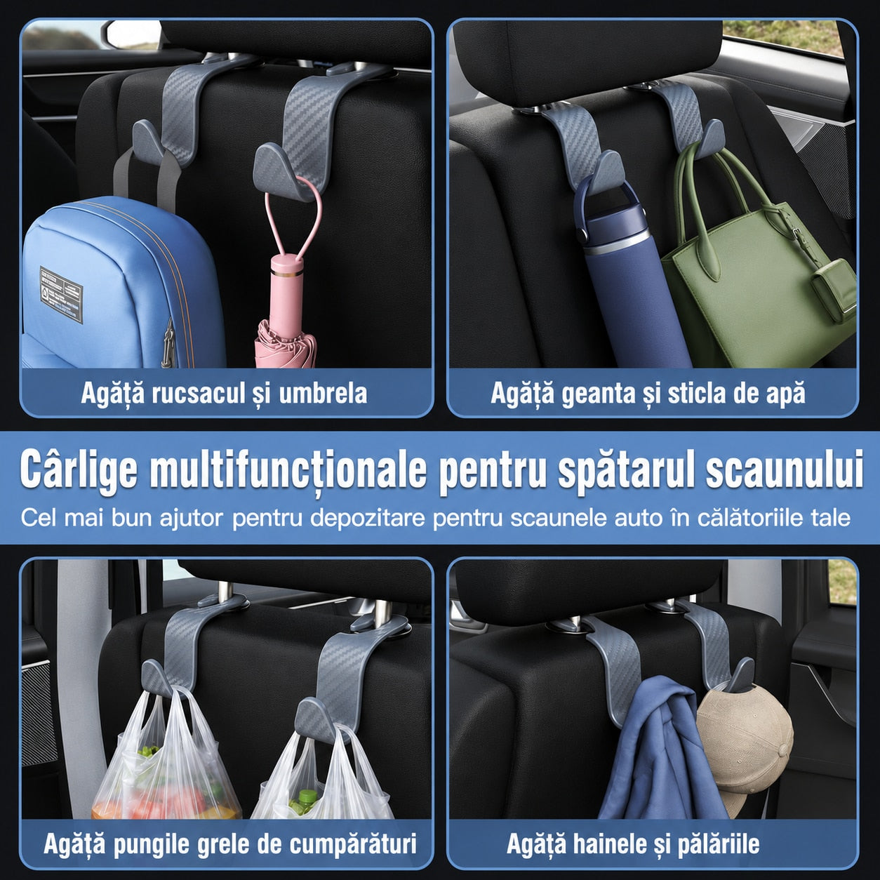 Set 4 Carlige Auto pentru Tetiera NextWave®, Organizator Universal Scaun Masina, Suport pentru Genti, Plase, Posete, Haine – imaginea 4