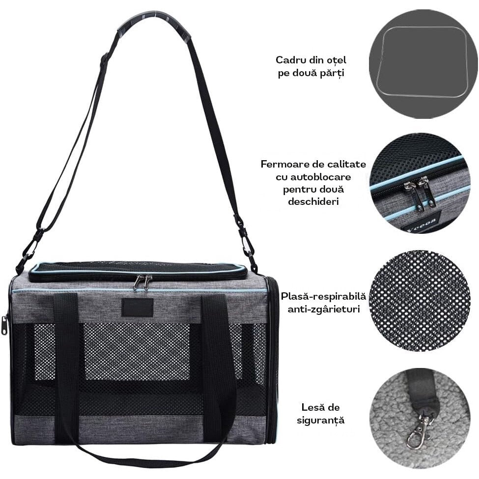 Geanta pentru transport animale mici NextWave®, pisica, caine, iepure, din panza, 45x28x28 cm, Baza rezistenta cu covoras – imaginea 4