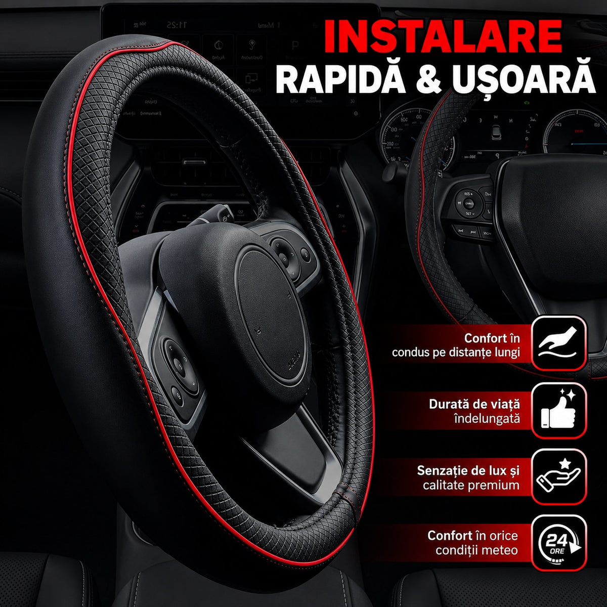 Husa volan auto NextWave®, din piele ecologica din microfibra, interior antiderapant din cauciuc, cusaturi ranforsate – imaginea 4