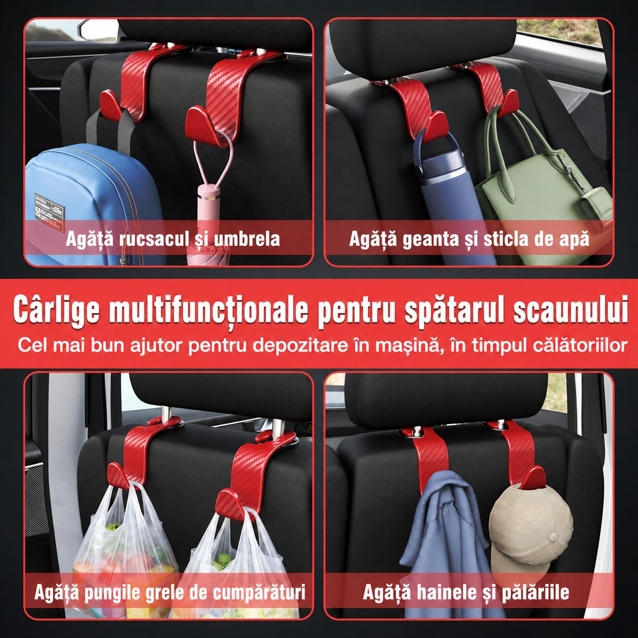 Set 4 Carlige Auto pentru Tetiera NextWave®, Organizator Universal Scaun Masina, Suport pentru Genti, Plase, Posete, Haine – imaginea 4