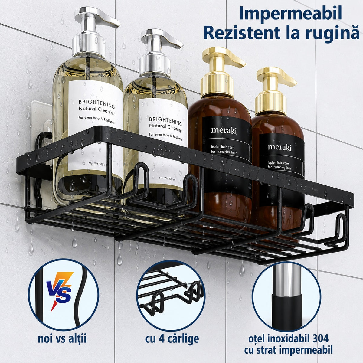 Raft de baie NextWave® la set, 5 piese cu 3 etajere pentru dus, 1 suport pentru sapun si 1 suport pentru periute de dinti – imaginea 4