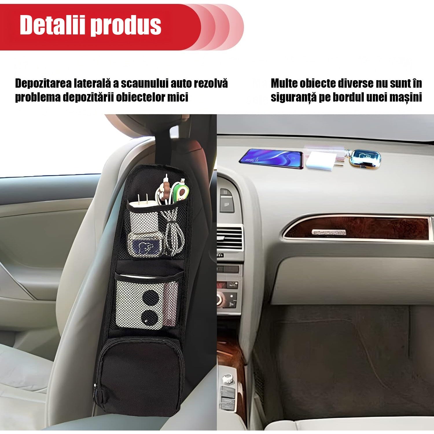 Set 2 huse laterale depozitare auto NextWave®️, organizatoare cu plasa si buzunare multiple pentru accesorii, montaj – imaginea 4