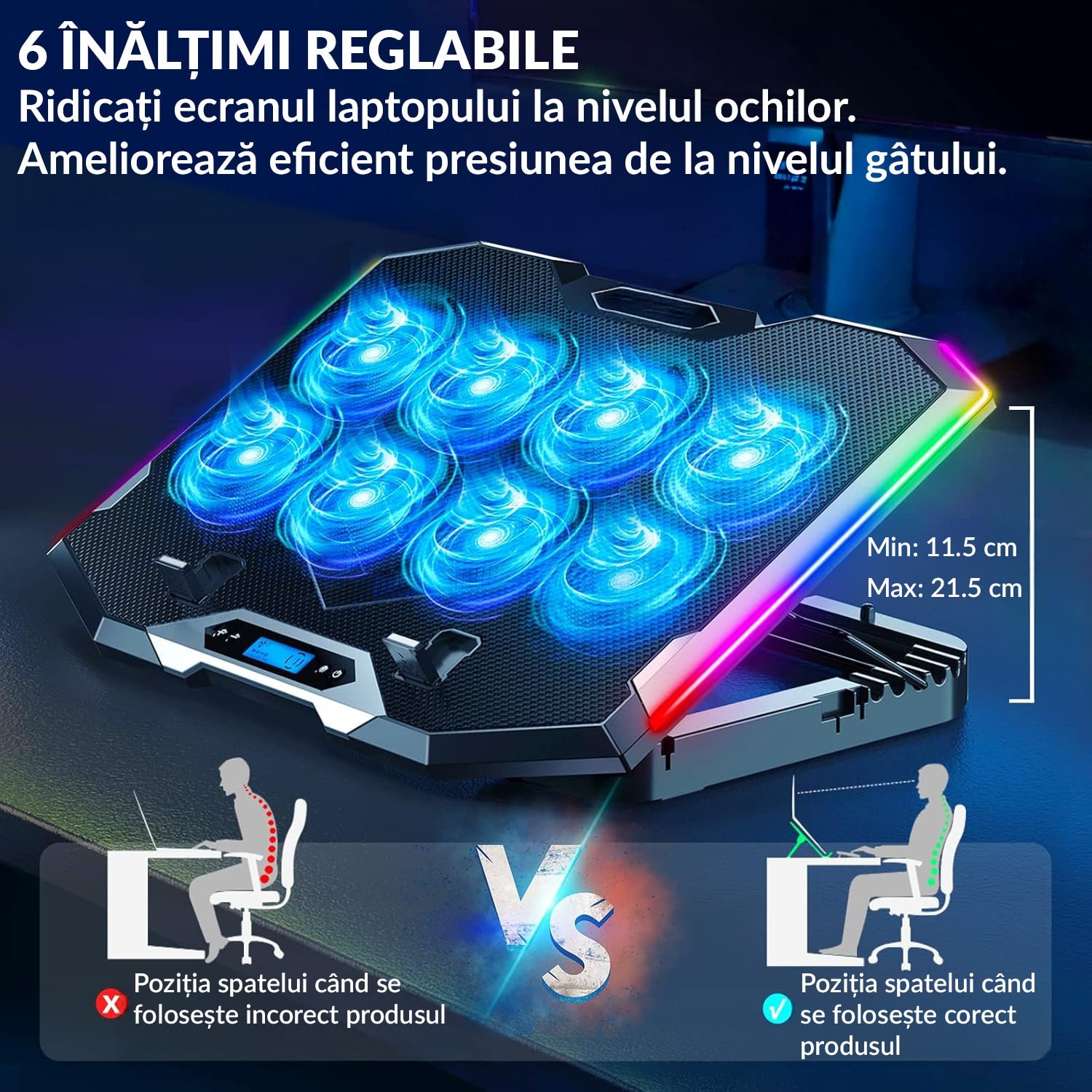 Stand De Racire pentru Laptop BeGenius® cu Suport pentru Telefon, 8 Ventilatoare ultra Silentioase, Cooler Laptop Gaming – imaginea 4