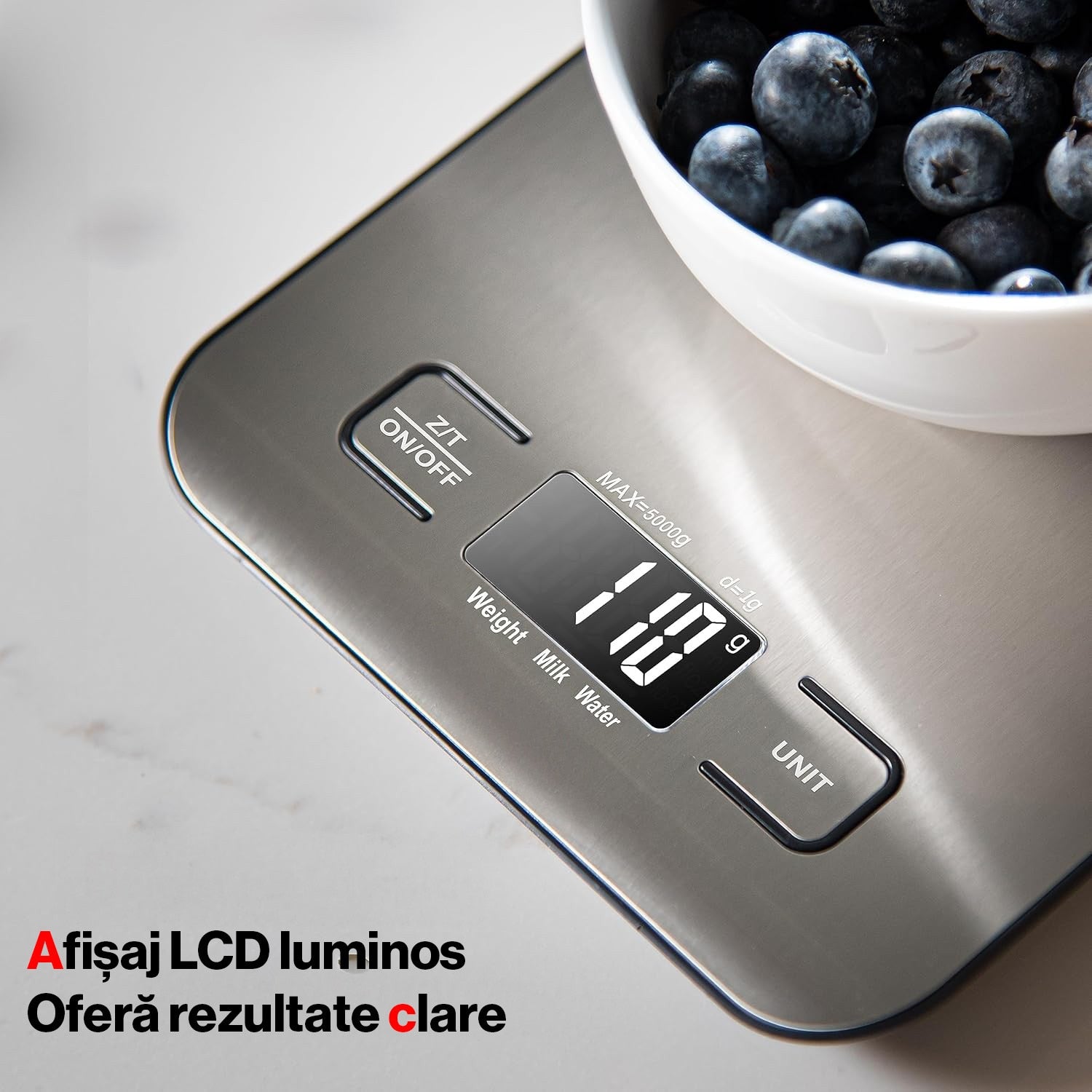 Cantar de bucatarie digital NextWave® din otel inoxidabil 304 – capacitate 5 kg cu precizie de 1 g, display LCD iluminat, 5 – imaginea 4