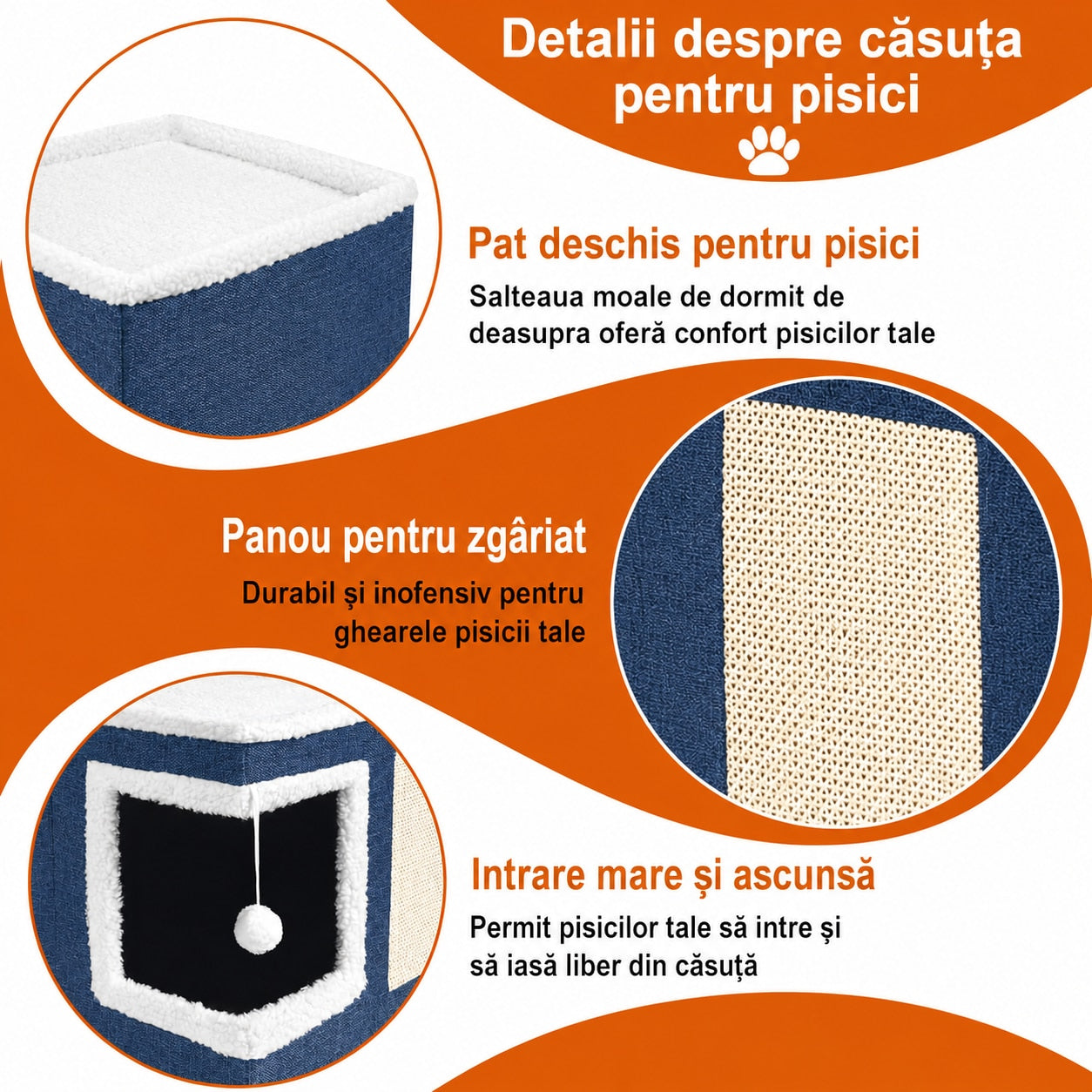 Casa Pisici NextWave®, Casuta Moale pentru Interior, Pat Tip Pestera cu Perna Detasabila, Material Bumbac, Design – imaginea 4