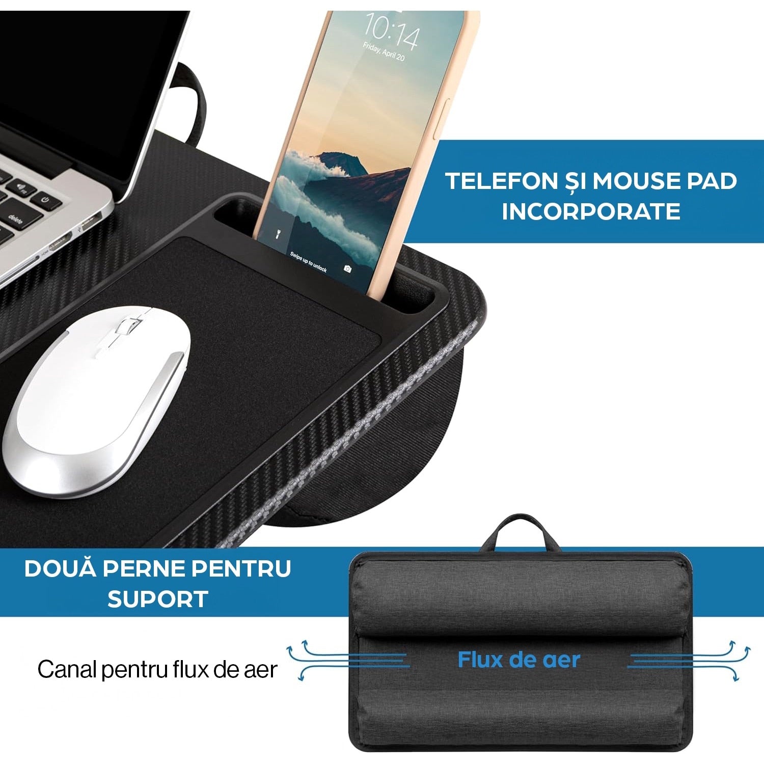 Masa laptop pentru poala NextWave®️ cu mouse pad, suport telefon, perna dubla, pentru pat, birou, canapea, masina, greutate – imaginea 4
