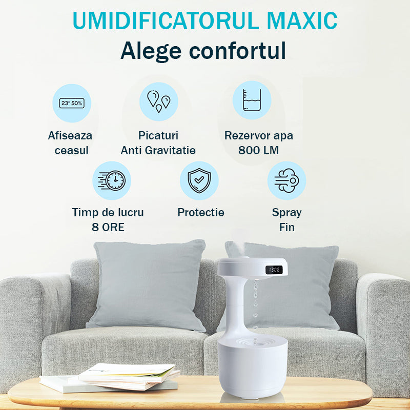 Umidificator anti-gravitational Ultrasonic NextWave™, difuzor aromaterapie, capacitate 800ml, senzor anti-uscare, afisaj – imaginea 4