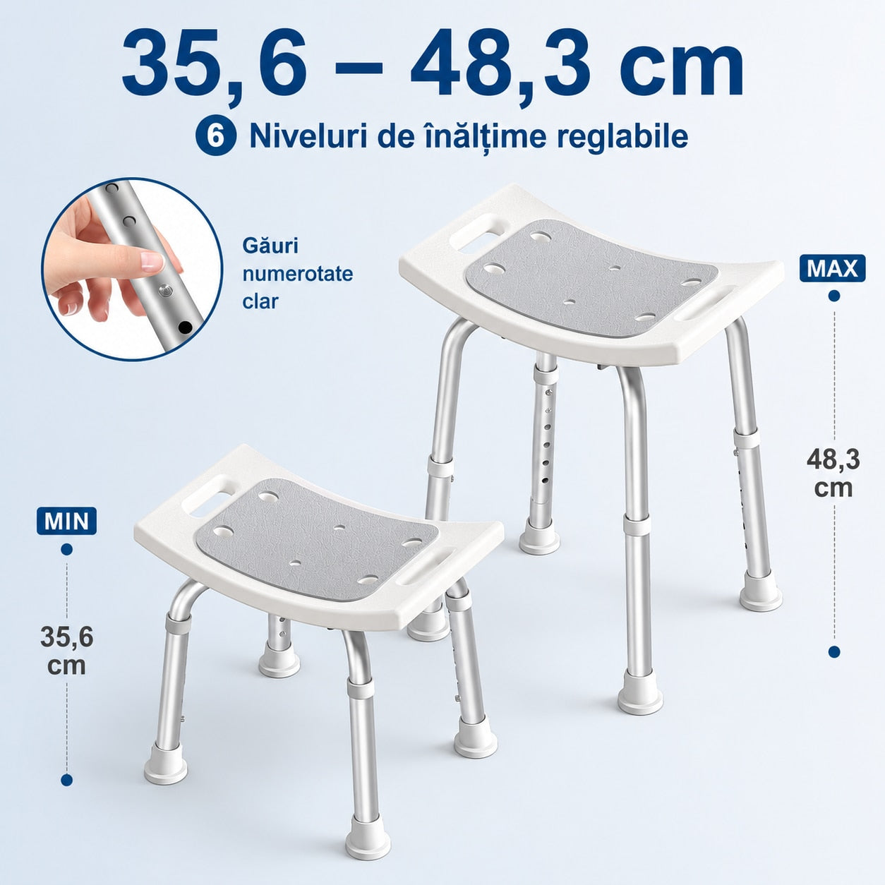 Scaun de dus NextWave® pentru baie si cada, reglabil pe inaltime, cadru rezistent din aluminiu, sezut confortabil, picioare – imaginea 4
