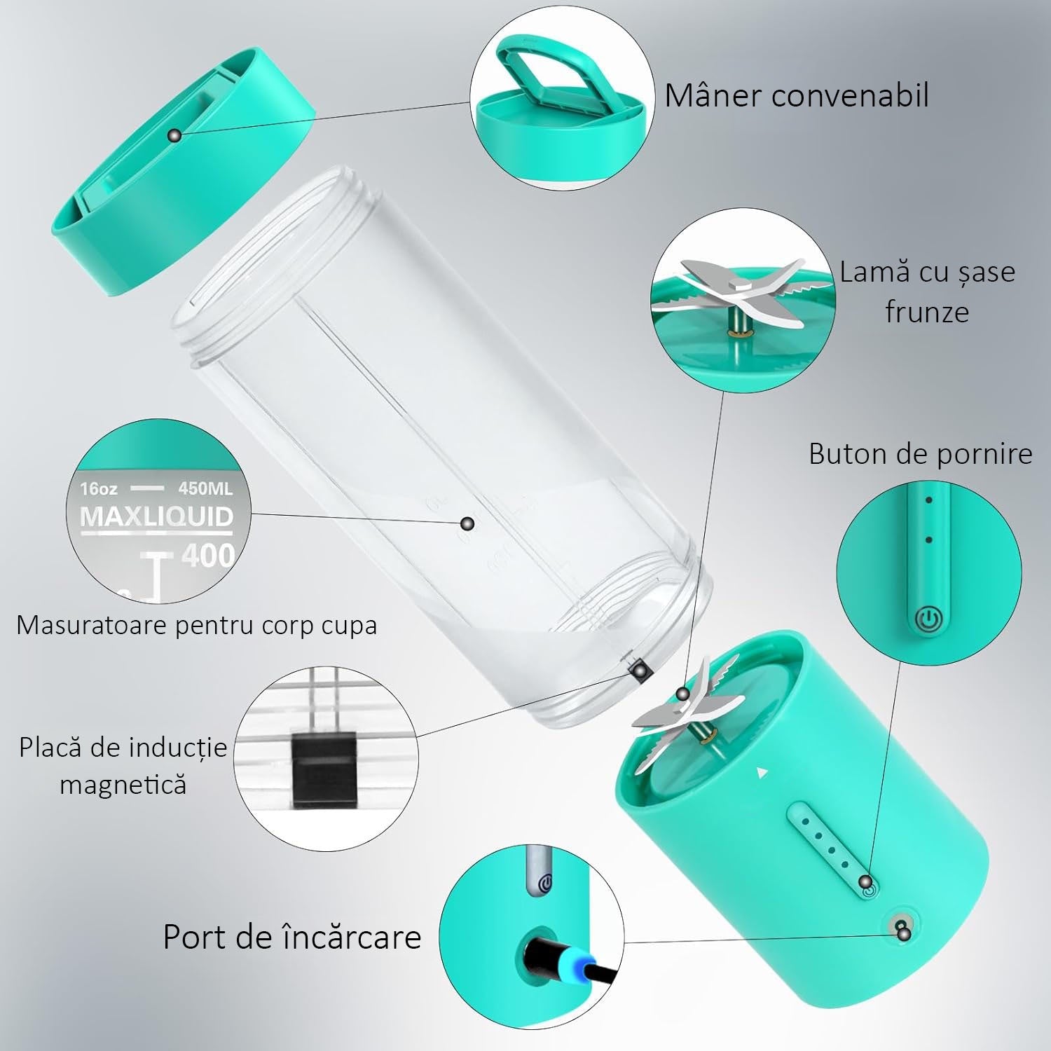 Mini Blender Electric NextWave™, Portabil, Multifunctional, Auto-curatare, Autonomie Mare, Baterie reincarcabila 4000mAh – imaginea 4