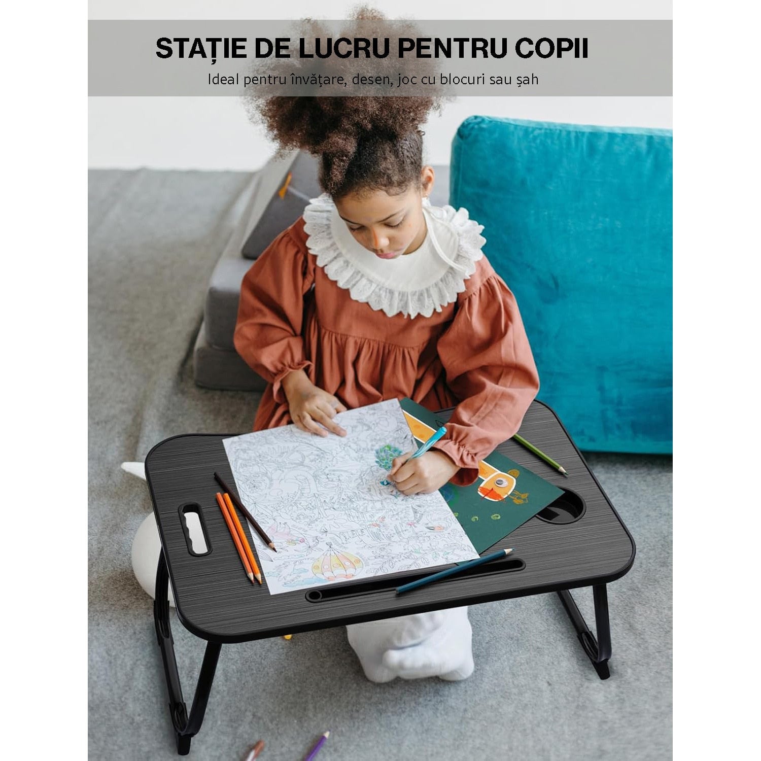 NextWave® Masa Portabila pentru Laptop 60×40 cm, Birou Lap Table pliabil cu Perna, Suport Pahar & Slot Tableta, maner de – imaginea 4