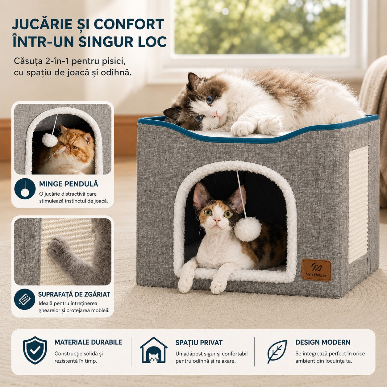 Casa pentru pisici NextWave® cu doua zone, bila pufoasa si zona de zgariat, Pliabila, Moale si pufoasa, Respirabila, Usoara – imaginea 4