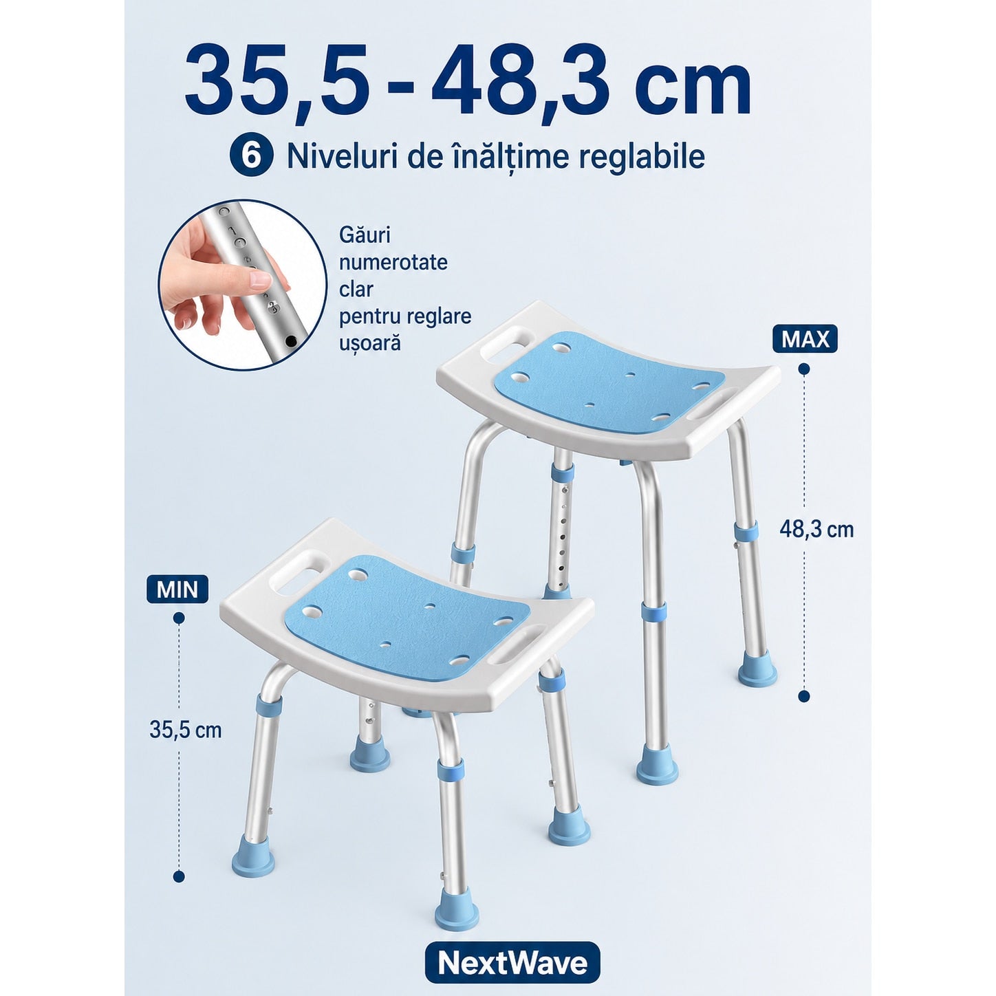 Scaun de dus NextWave® pentru baie si cada, reglabil pe inaltime, cadru rezistent din aluminiu, sezut confortabil, picioare – imaginea 4