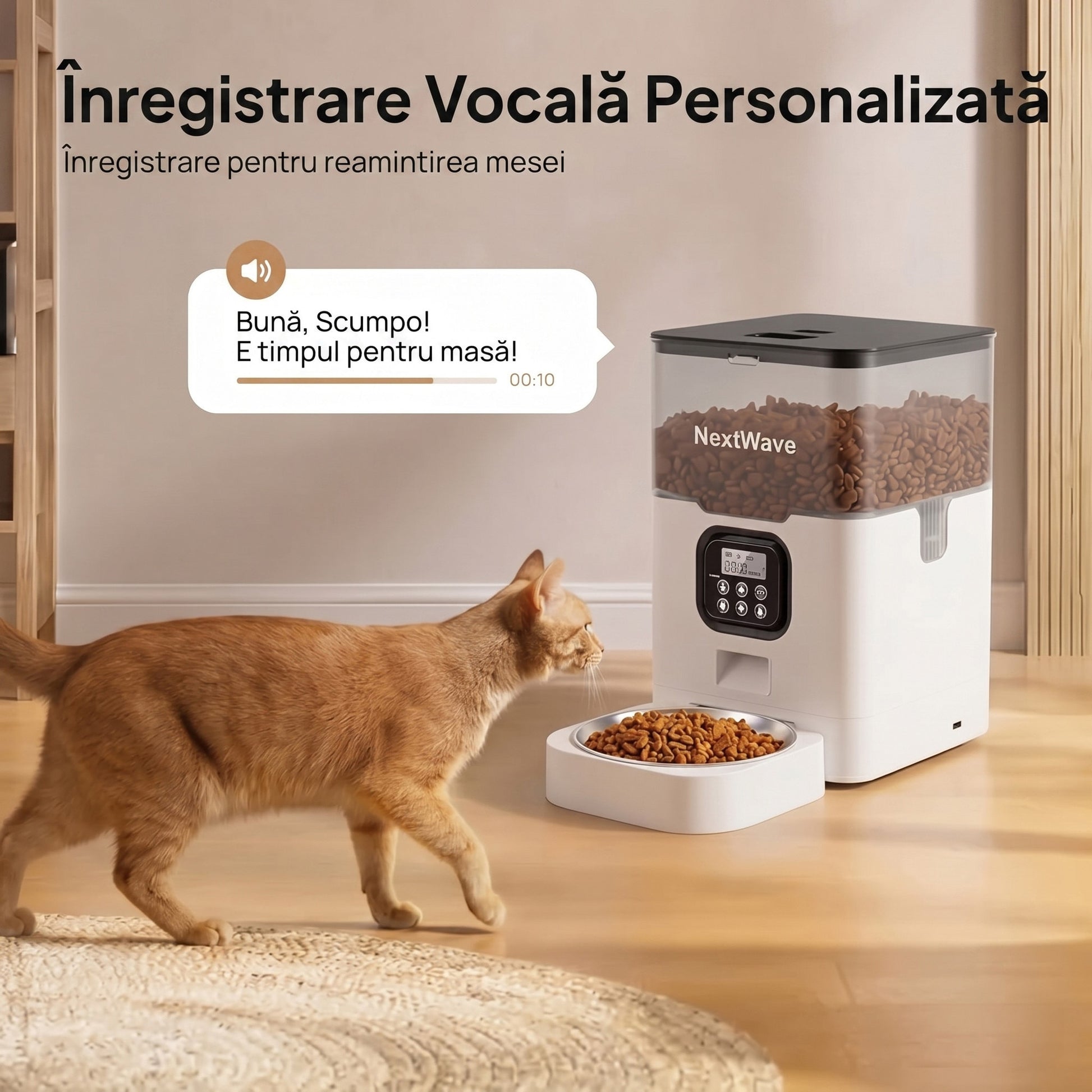 Hranitor Automat Digital Pisici si Caini NextWave®, Dispenser 4L, Rezervor Transparent, Mesaj Vocal Personalizat, 4 Mese/Zi – imaginea 4