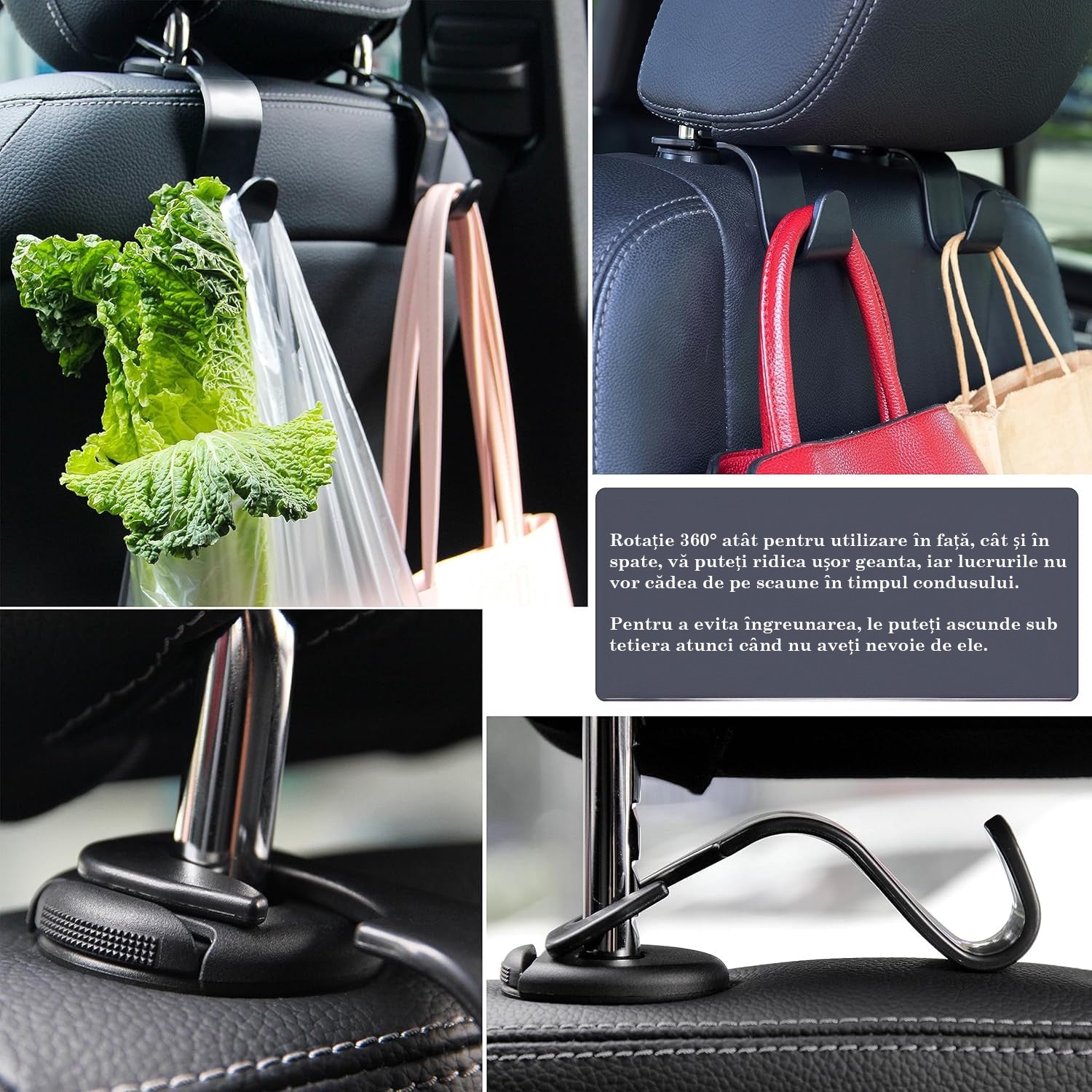 Set 4 carlige spatar auto NextWave®️, textura fibra de carbon, capacitate mare pana la 10 kg, pentru organizare si – imaginea 4