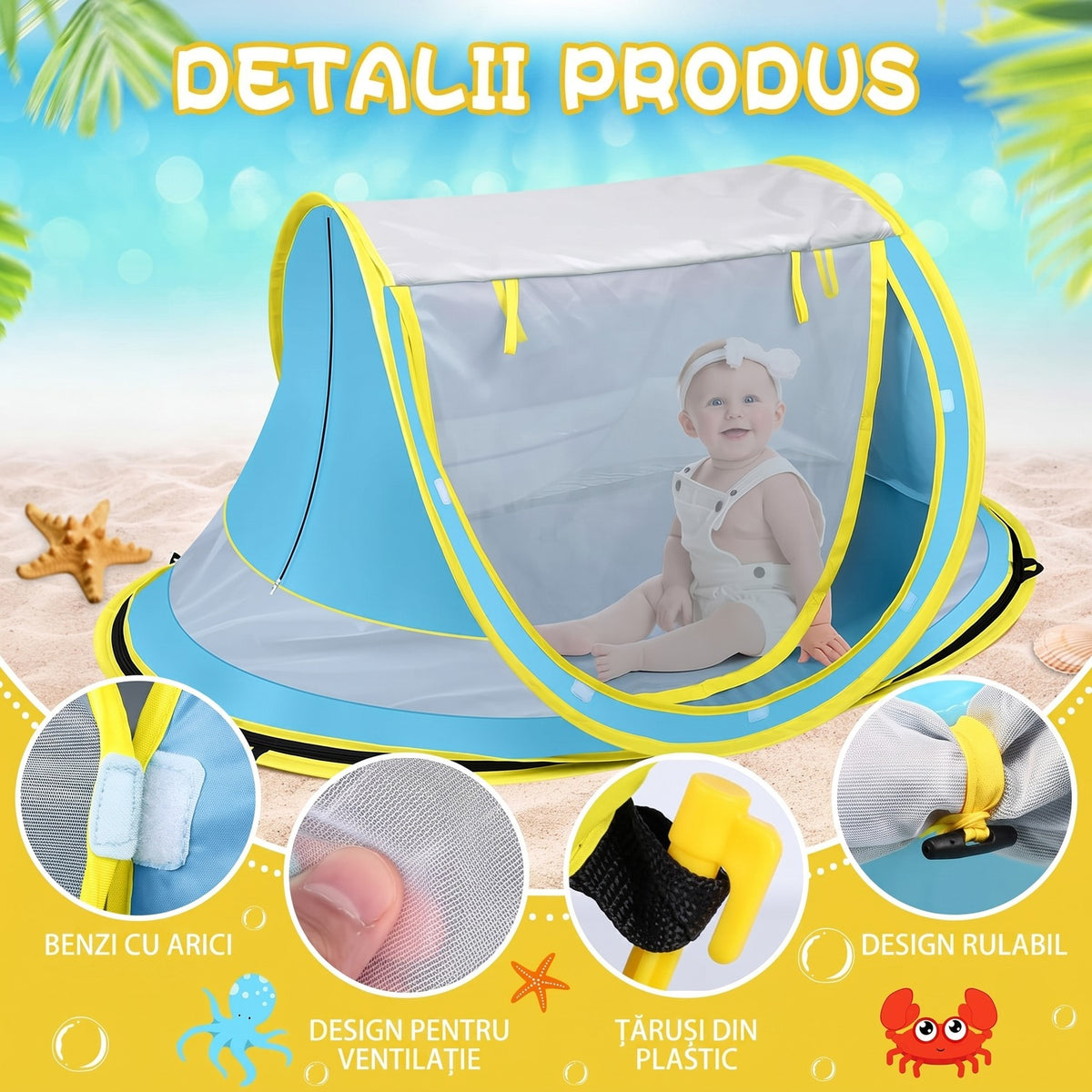 Cort de plaja pentru bebelusi NextWave®️, protectie solara UPF 50+, deschidere rapida pop-up, plasa respirabila pentru – imaginea 4