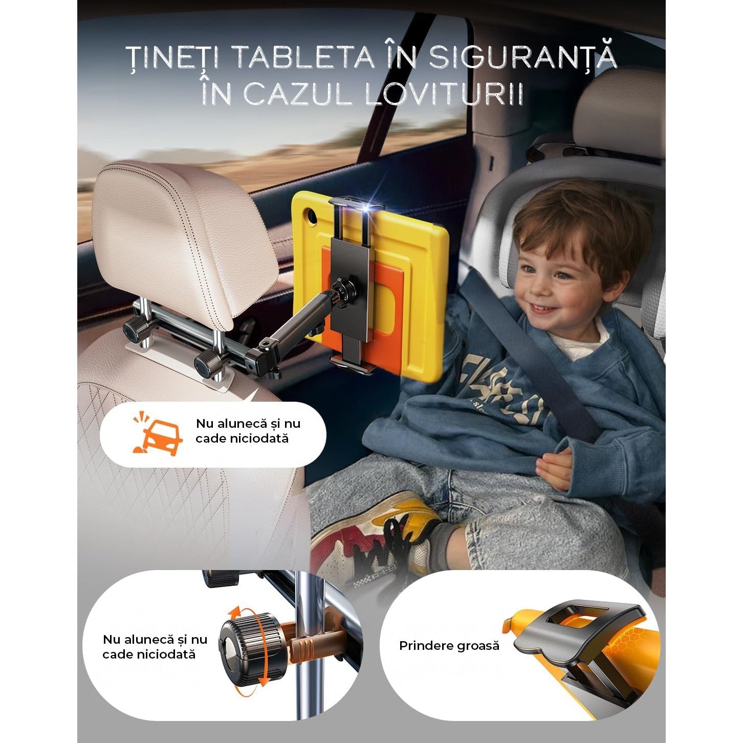 Suport auto tetiera NextWave®️, reglabil pe 3 axe pentru tablete si telefoane 4,7–11 inch, sistem metalic pliabil cu – imaginea 4