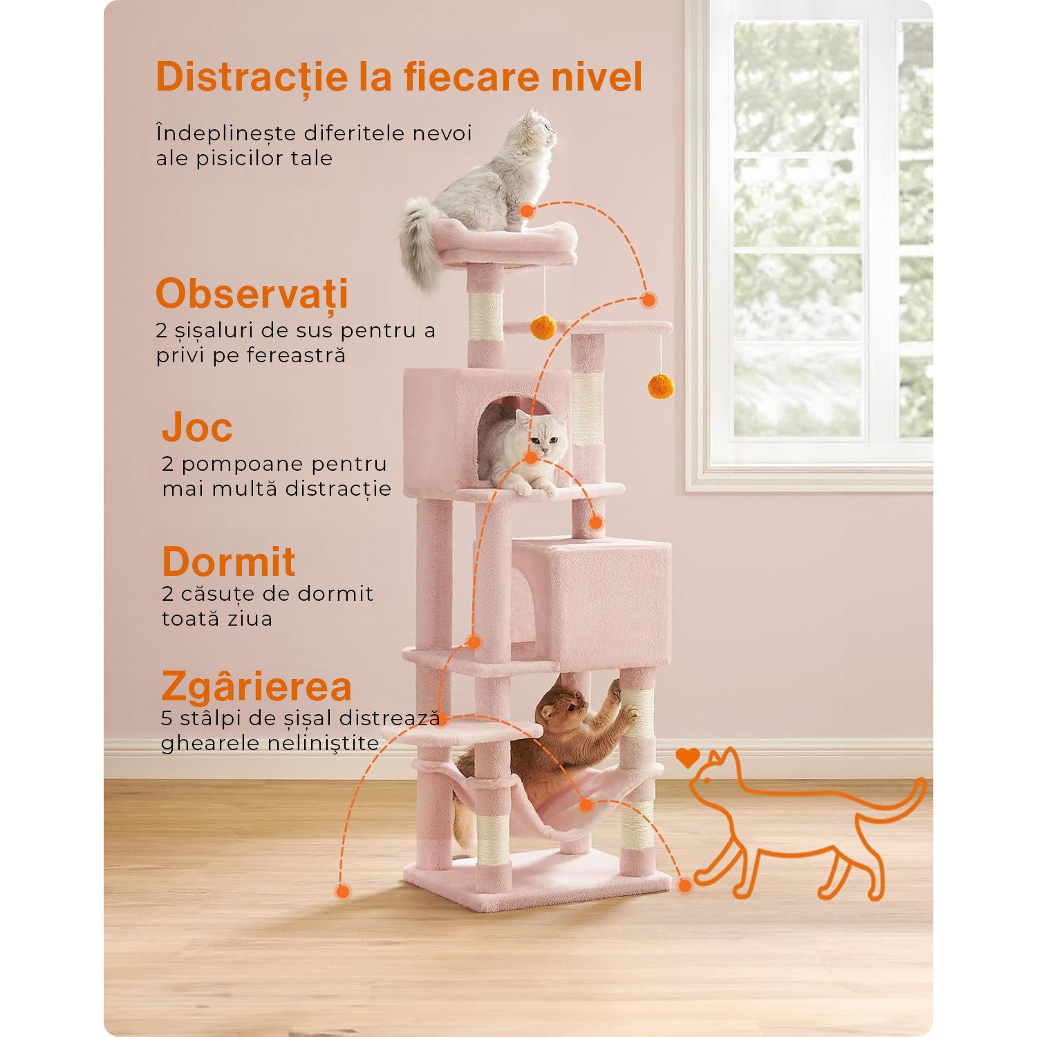 Ansamblu de Joaca pentru Pisici NextWave®, tip turn, 2 platforme de observatie, 3 niveluri, 2 casuta, 5 stalpi pentru – imaginea 4