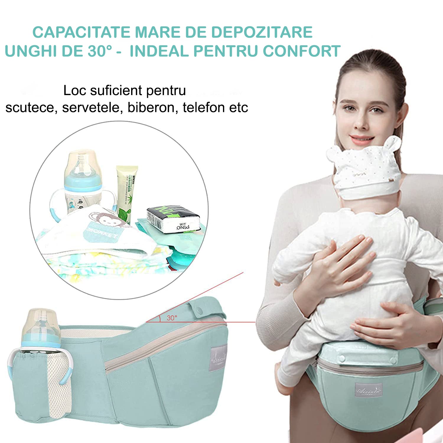 Marsupiu Ergonomic pentru bebe, Multifunctional 2 in 1 ajustabil si detasabil, support sezut si lombar, 0-36l luni, all – imaginea 4
