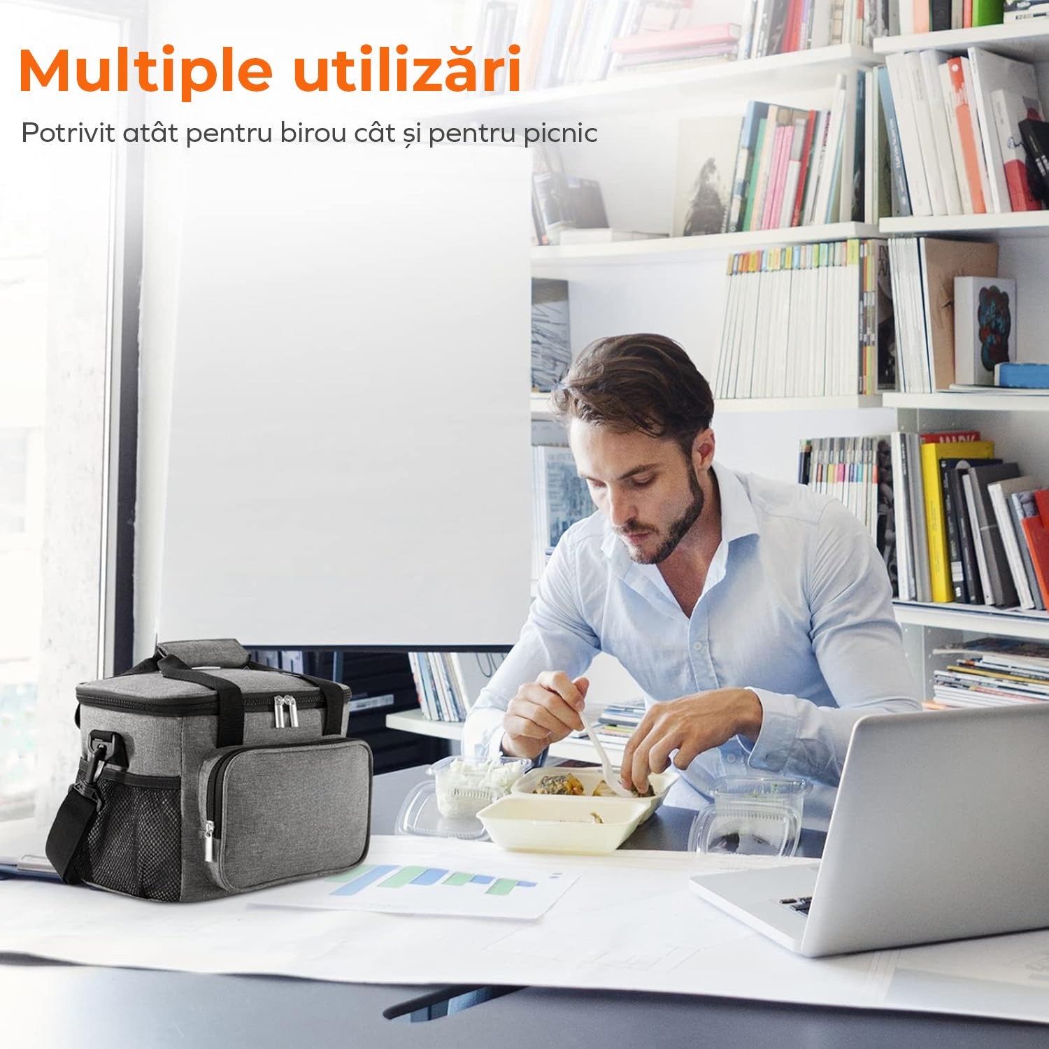 Geanta termoizolanta Lifewit, portabila, compartiment spatios si buzunare laterale, curea ajustabila, 9L, gri – imaginea 4